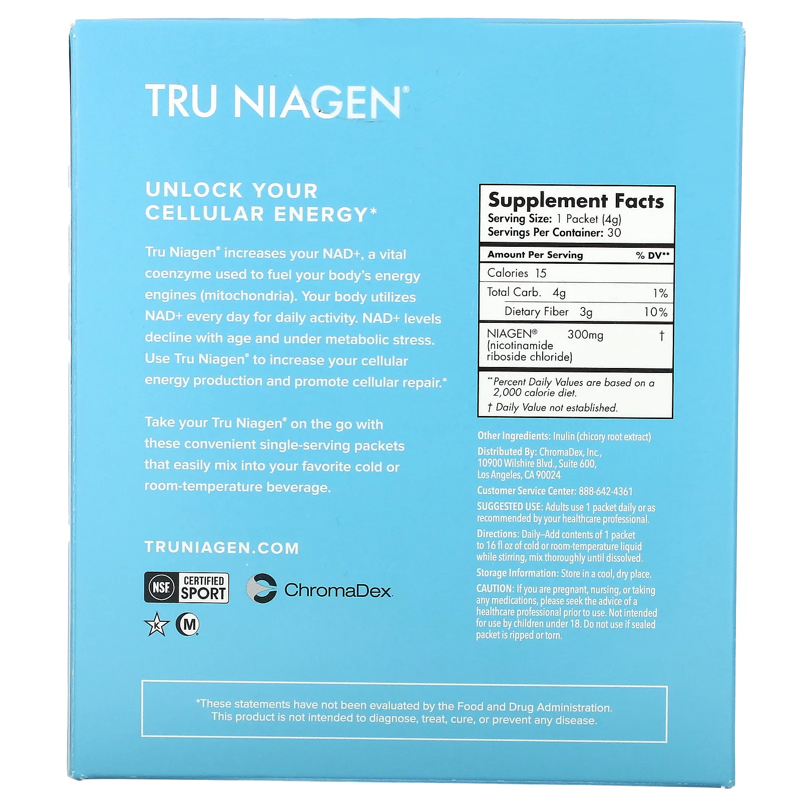 Tru Niagen, увеличение содержания НАД+, никотинамид рибозид, без добавок, 30 пакетиков по 4 г (0,14 унции)