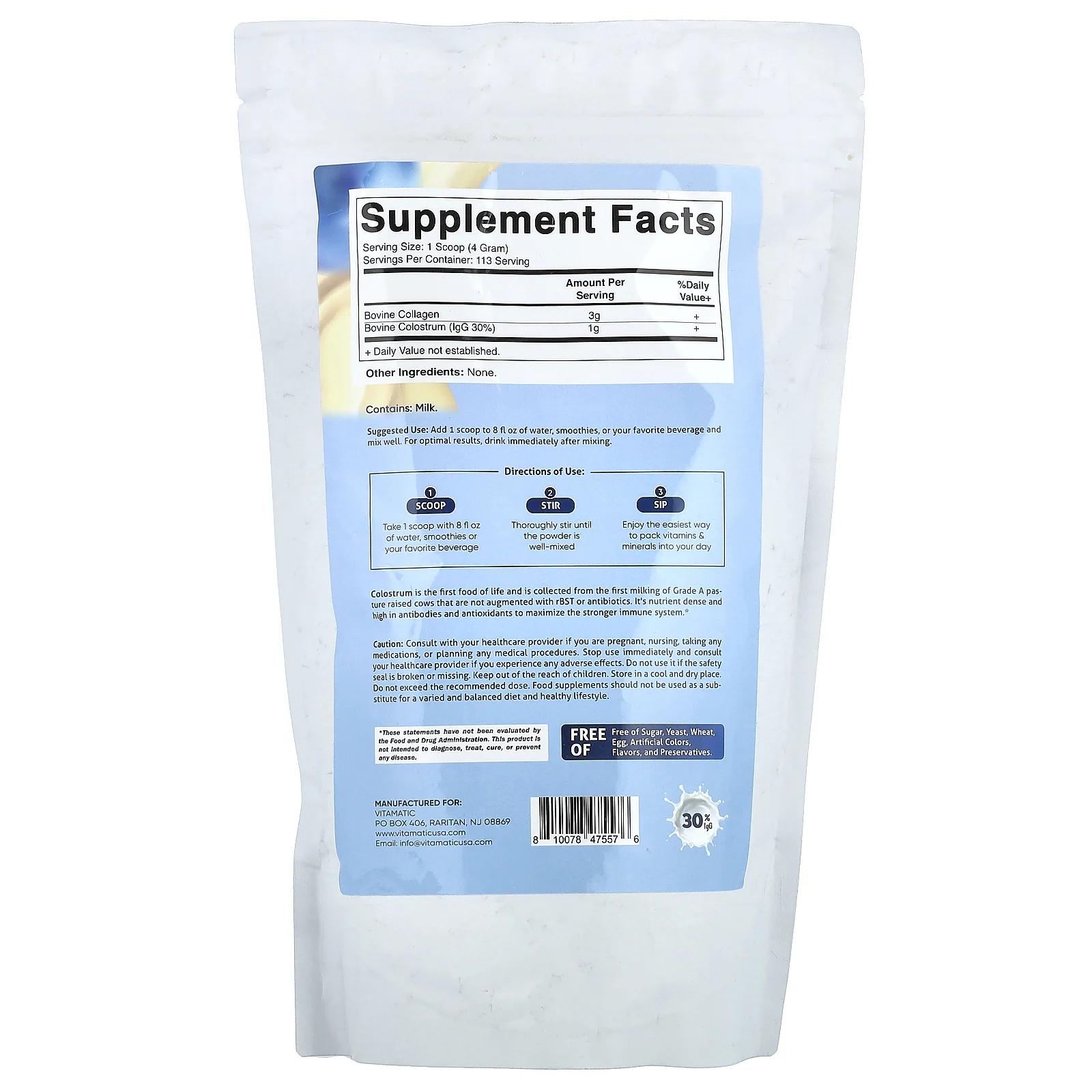 Vitamatic, молозиво с коллагеном в порошке, без добавок, 454 г (16 унций)