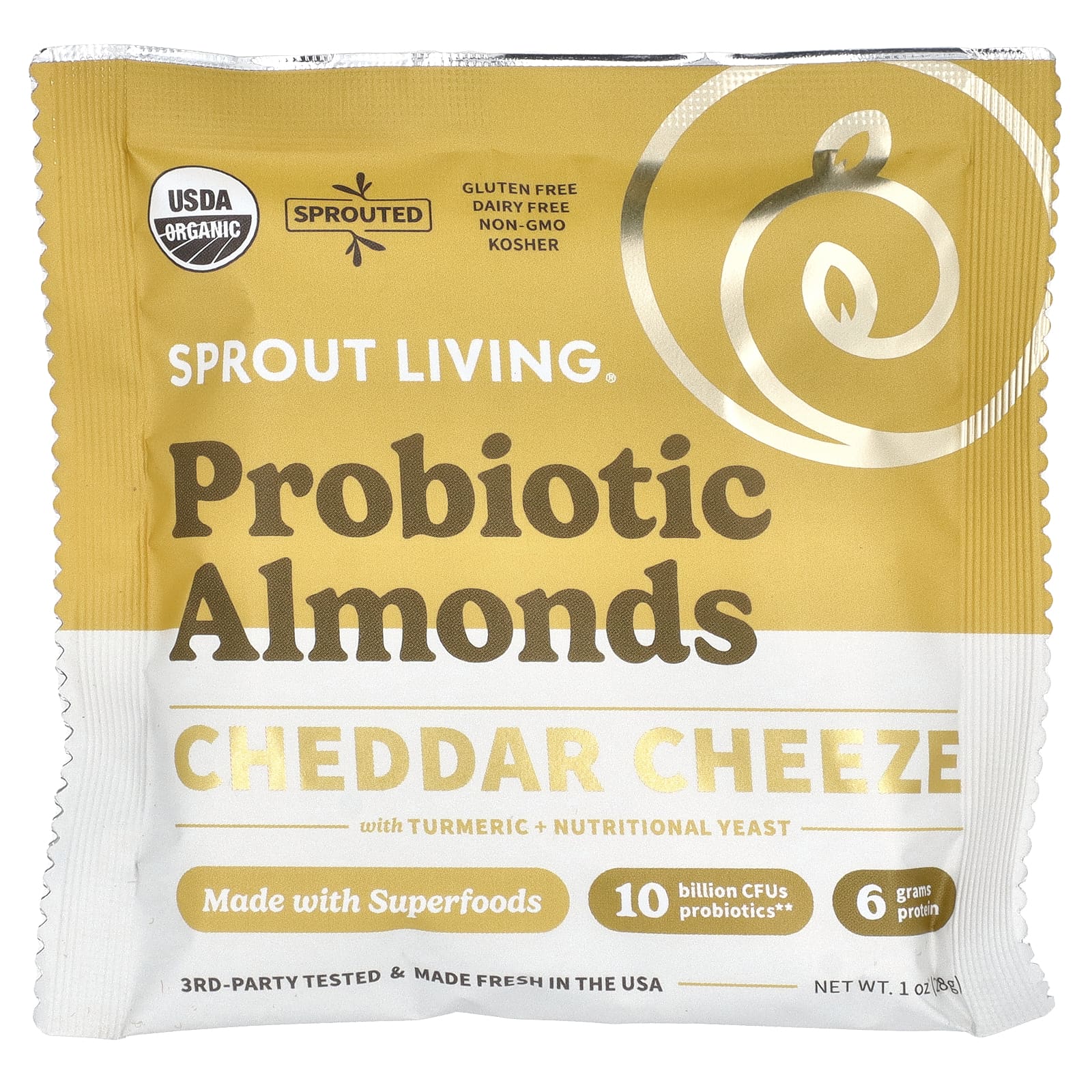 Sprout Living, Пробиотический миндаль, сыр чеддер, 10 пакетиков по 28 г (1 унция)