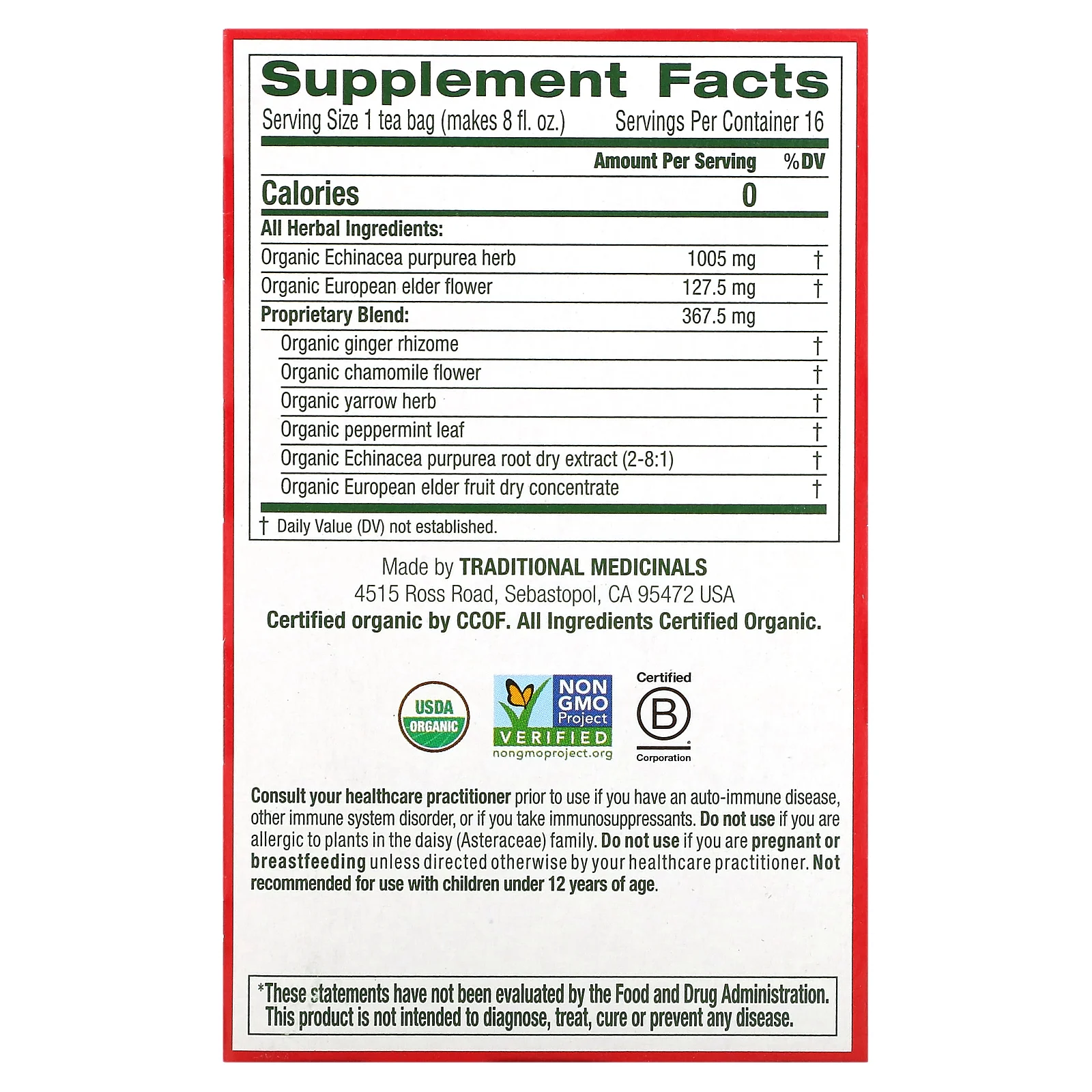 Traditional Medicinals, Organic Echinacea Plus, бузина, без кофеина, 16 чайных пакетиков в упаковке, 24 г (0,85 унции)