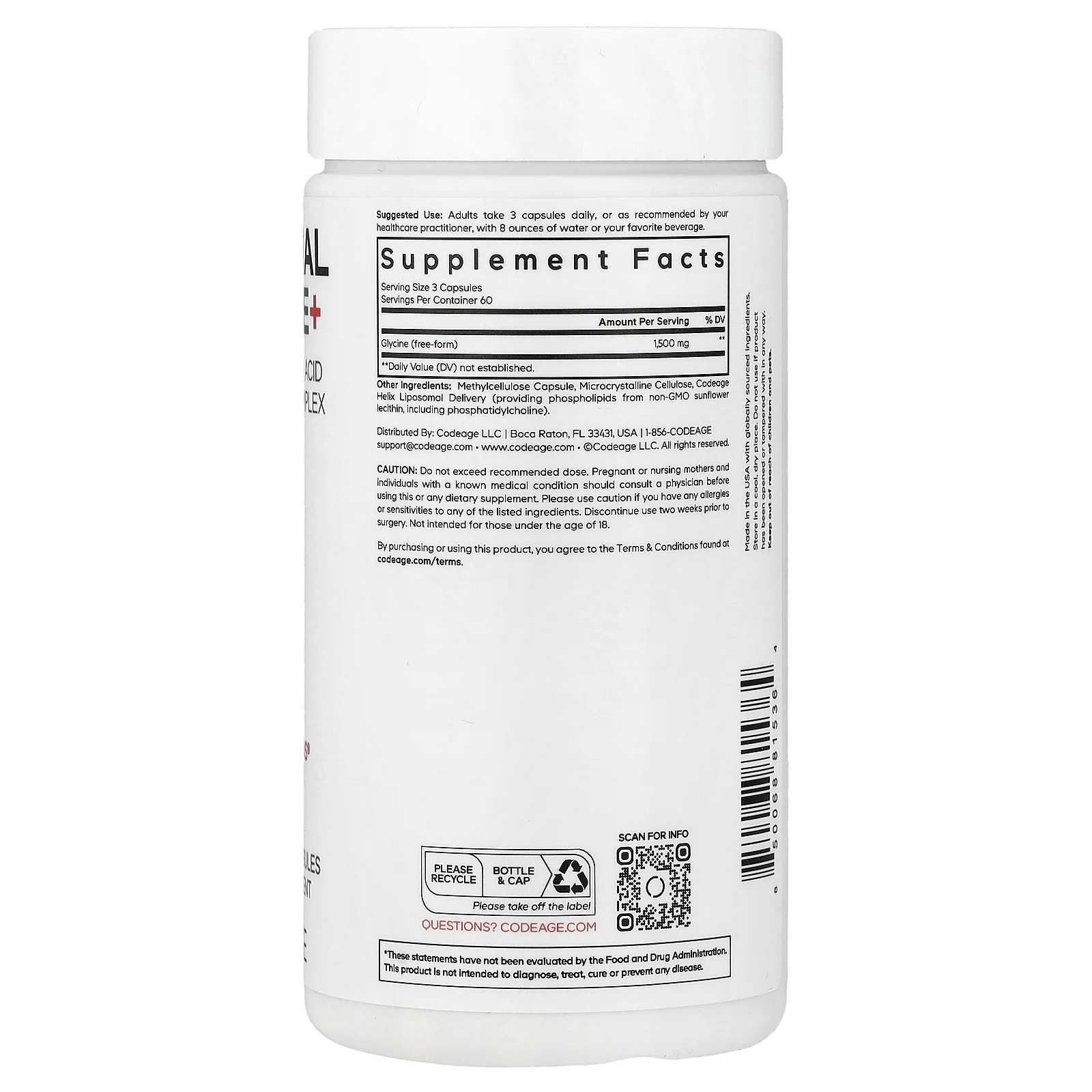 Codeage, липосомальный глицин, 180 растительных капсул (500 мг в 1 капсуле)