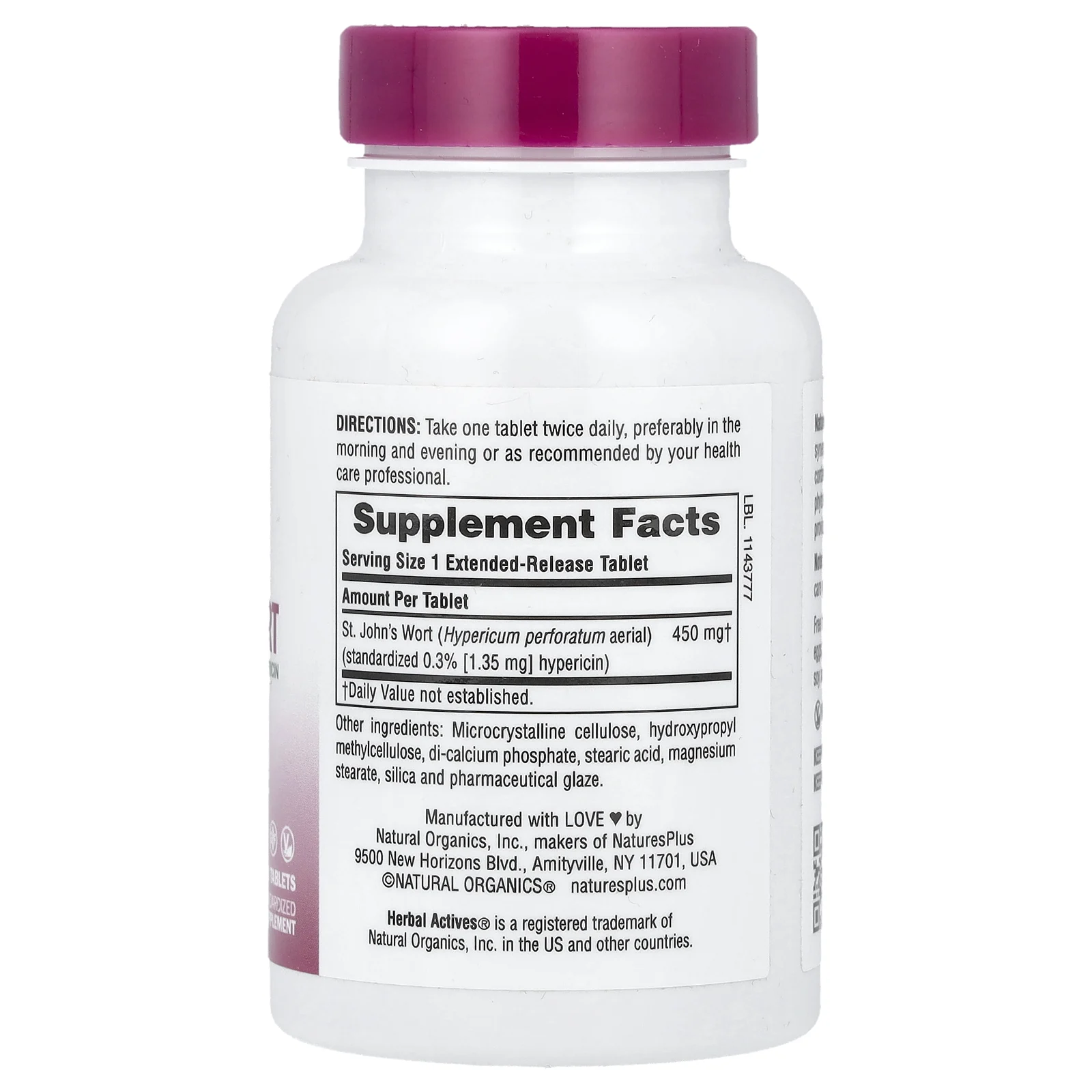 NaturesPlus, Herbal Actives, зверобой, 450 мг, 60 вегетарианских таблеток