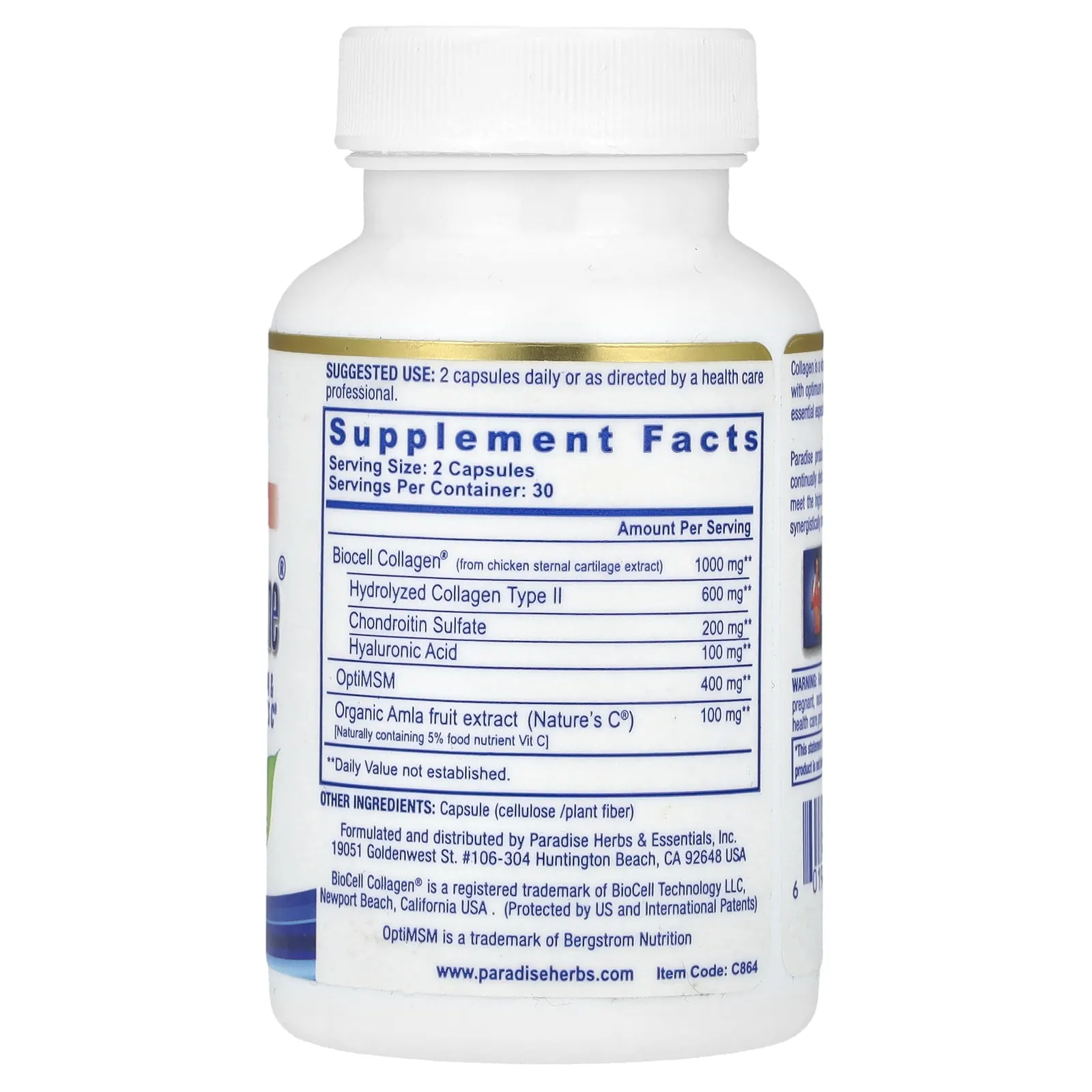 Paradise Herbs, Collagen Extreme с коллагеном BioCell, OptiMSM и натруальным витамином C, 60 капсул