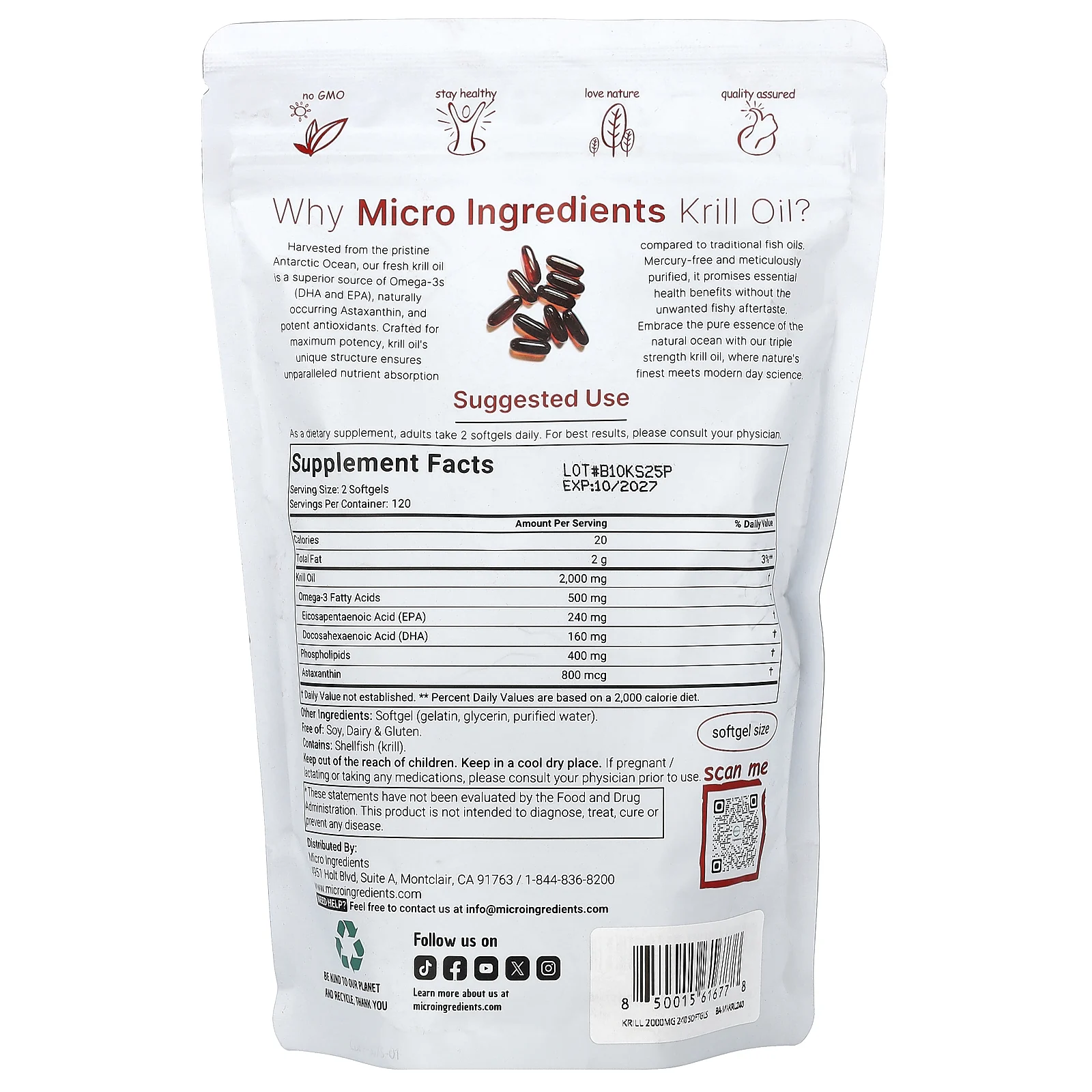 Micro Ingredients, масло антарктического криля, 240 капсул