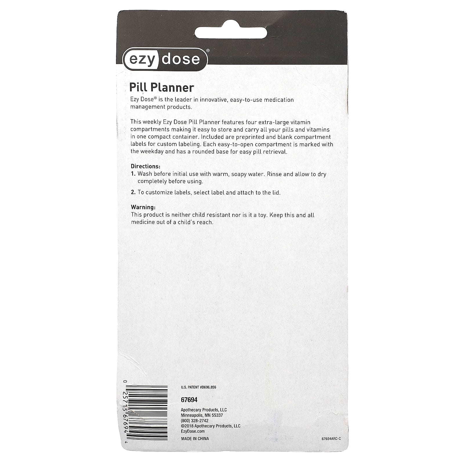 Ezy Dose, еженедельный органайзер для таблеток с отделениями и этикетками витаминов, 1 шт.