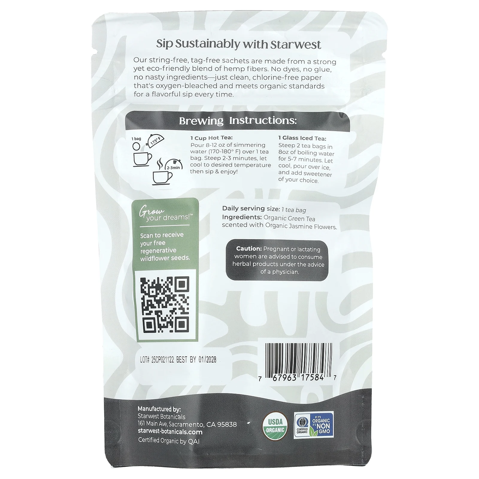 Starwest Botanicals, Органический жасминовый чай, 20 чайных пакетиков, 40 г (1,4 унции)