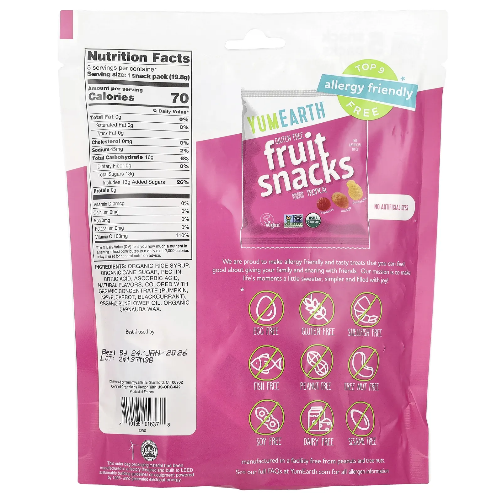 YumEarth, Фруктовые снеки без глютена, тропические, 5 пакетиков, по 19,8 г (0,7 унции)