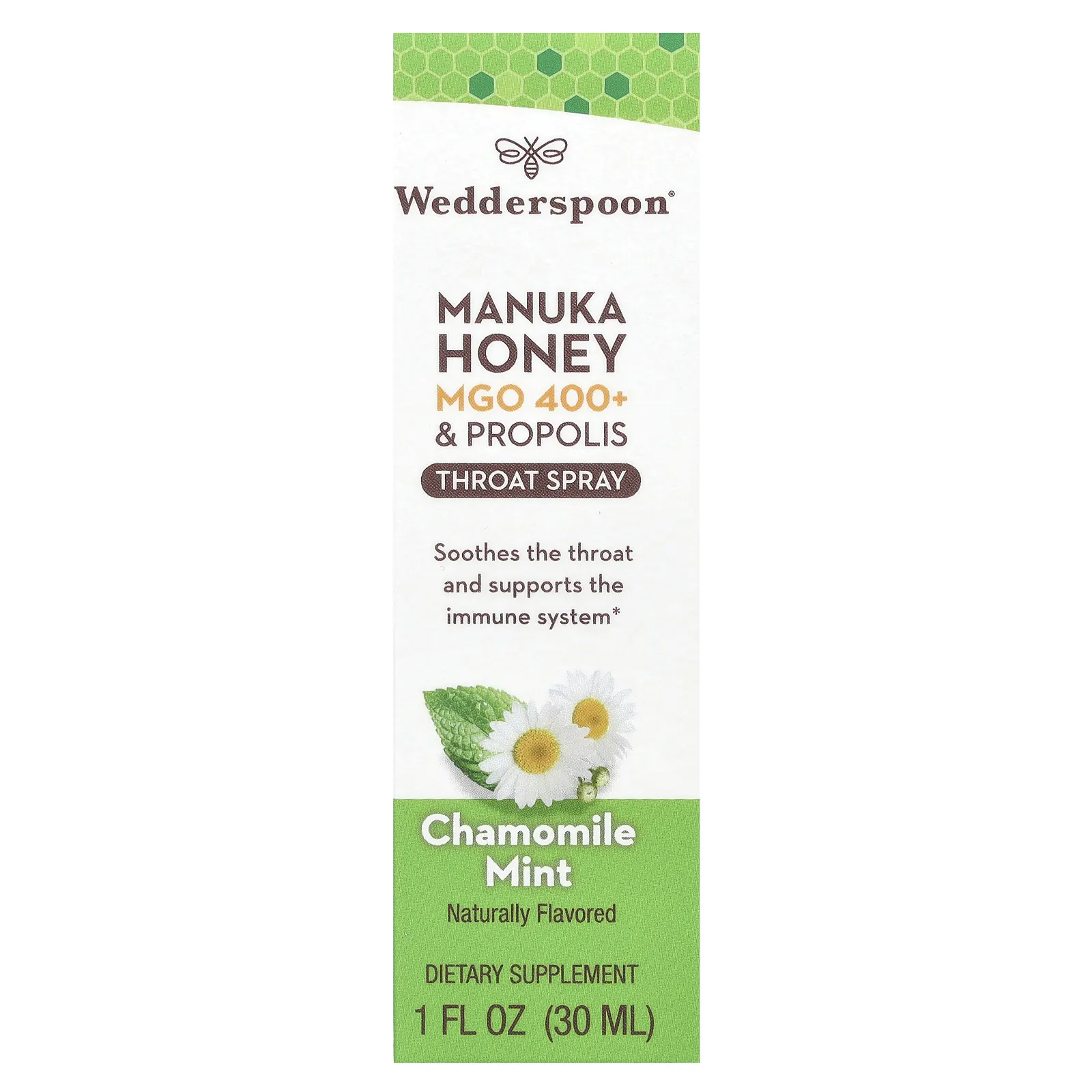 Wedderspoon, Manuka Honey, & Propolis, спрей для горла, ромашка и мята, MGO 400+, 30 мл (1 жидк. Унция)