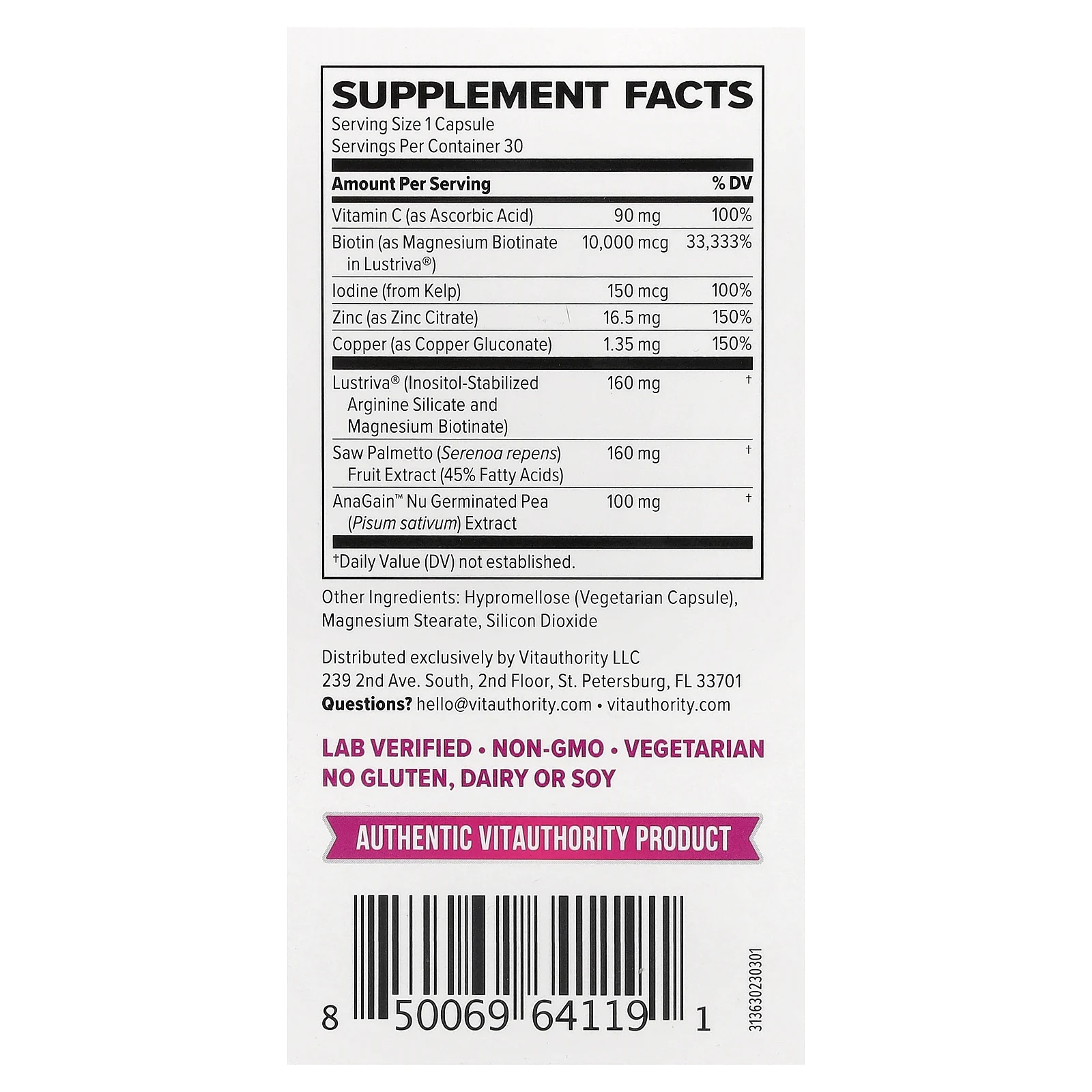 Vitauthority, активатор роста волос, 30 капсул