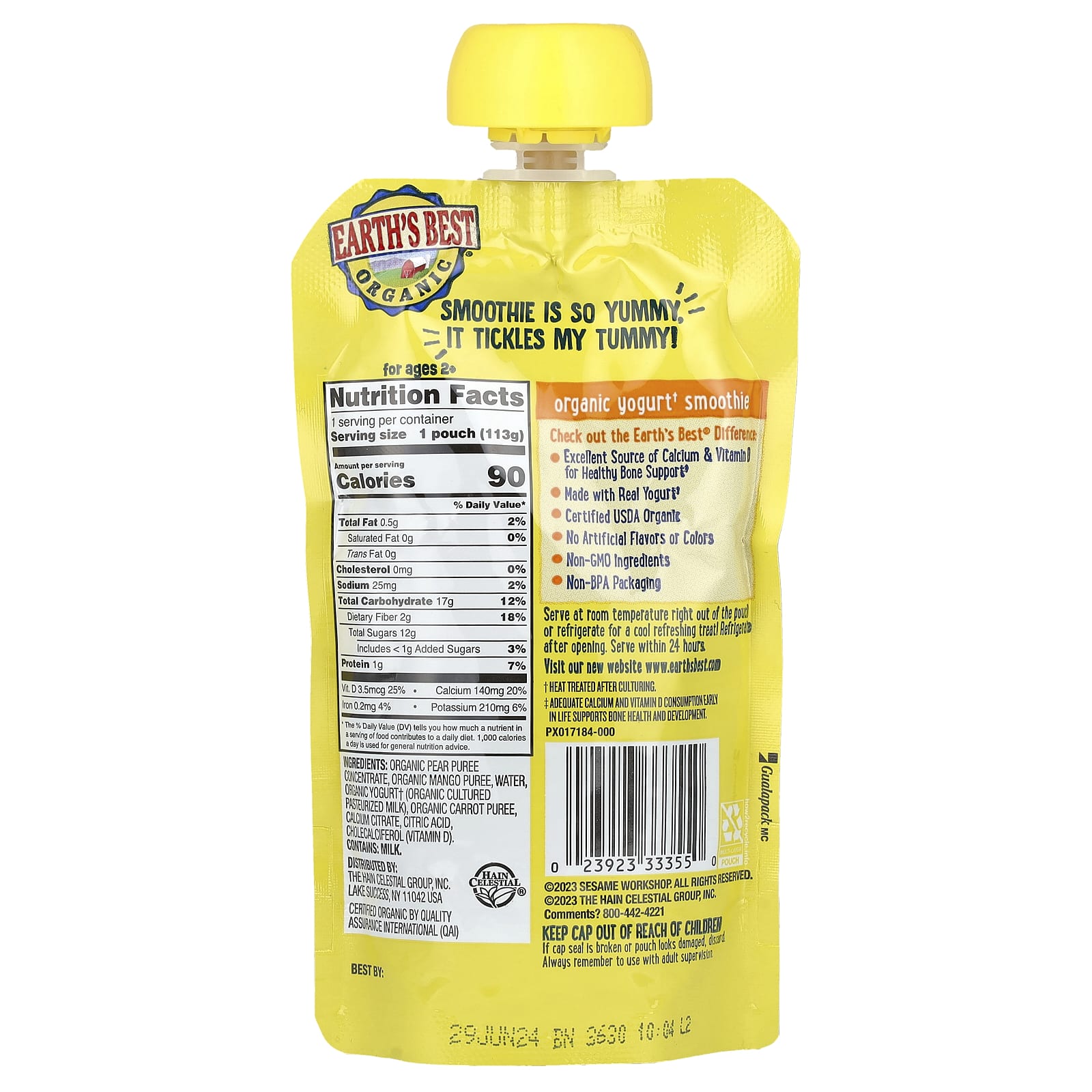 Earth's Best, Органический смузи из йогурта для поддержки костей, для детей от 2 лет, груша, манго и морковь, 113 г (4 унции)