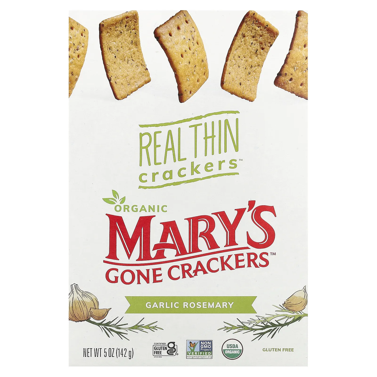 Mary's Gone Crackers, Real Thin Crackers, крекеры, чеснок и розмарин, 142 г (5 унций)