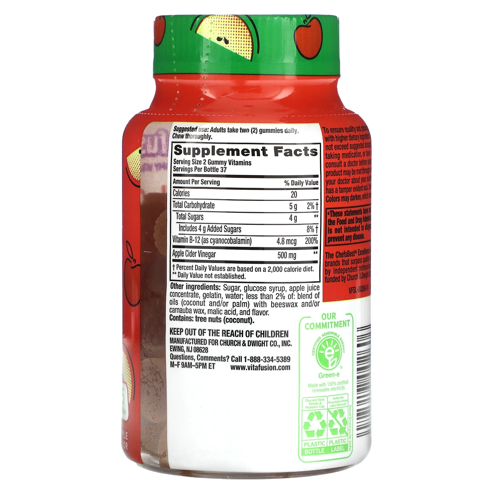 VitaFusion, жевательные витамины, со вкусом яблочного уксуса, 500 мг, 75 жевательных мармеладок (250 мг в 1 жевательной таблетке)