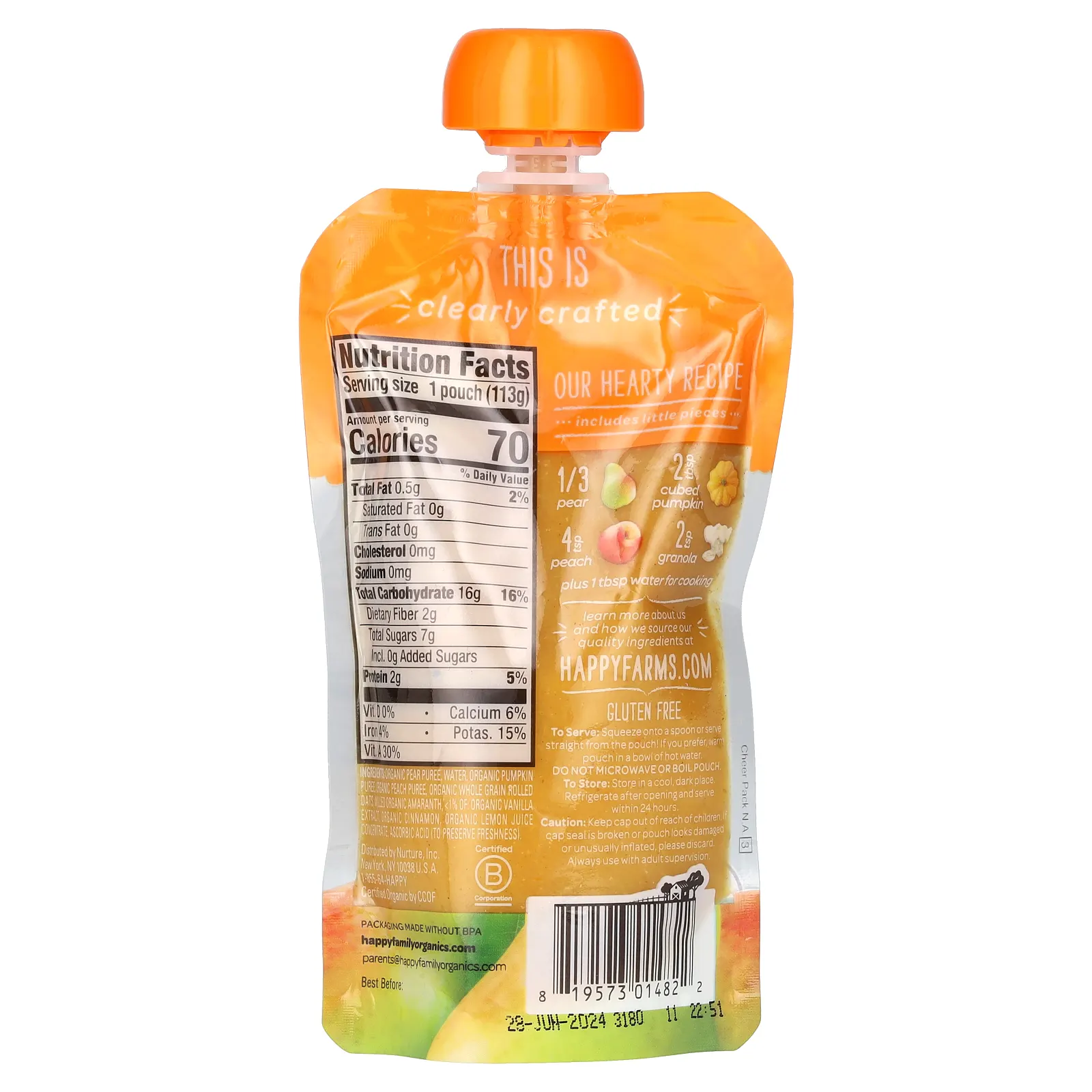 Happy Family Organics, Органическое детское питание, этап 2, от 6 месяцев, груши, тыква, персики и мюсли, 113 г (4 унции)