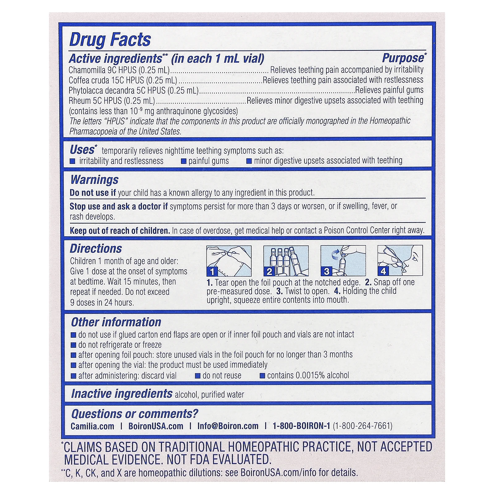 Boiron, Camilia®, жидкие дозы для приема перед сном, для младенцев от 1 месяца, 30 доз, по 1 мл (0,034 жидк. унции)