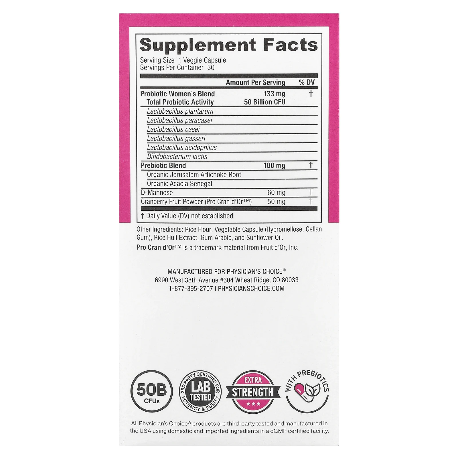 Physician's Choice, Пробиотик для женщин, 50 млрд КОЕ, 30 растительных капсул с отсроченным высвобождением