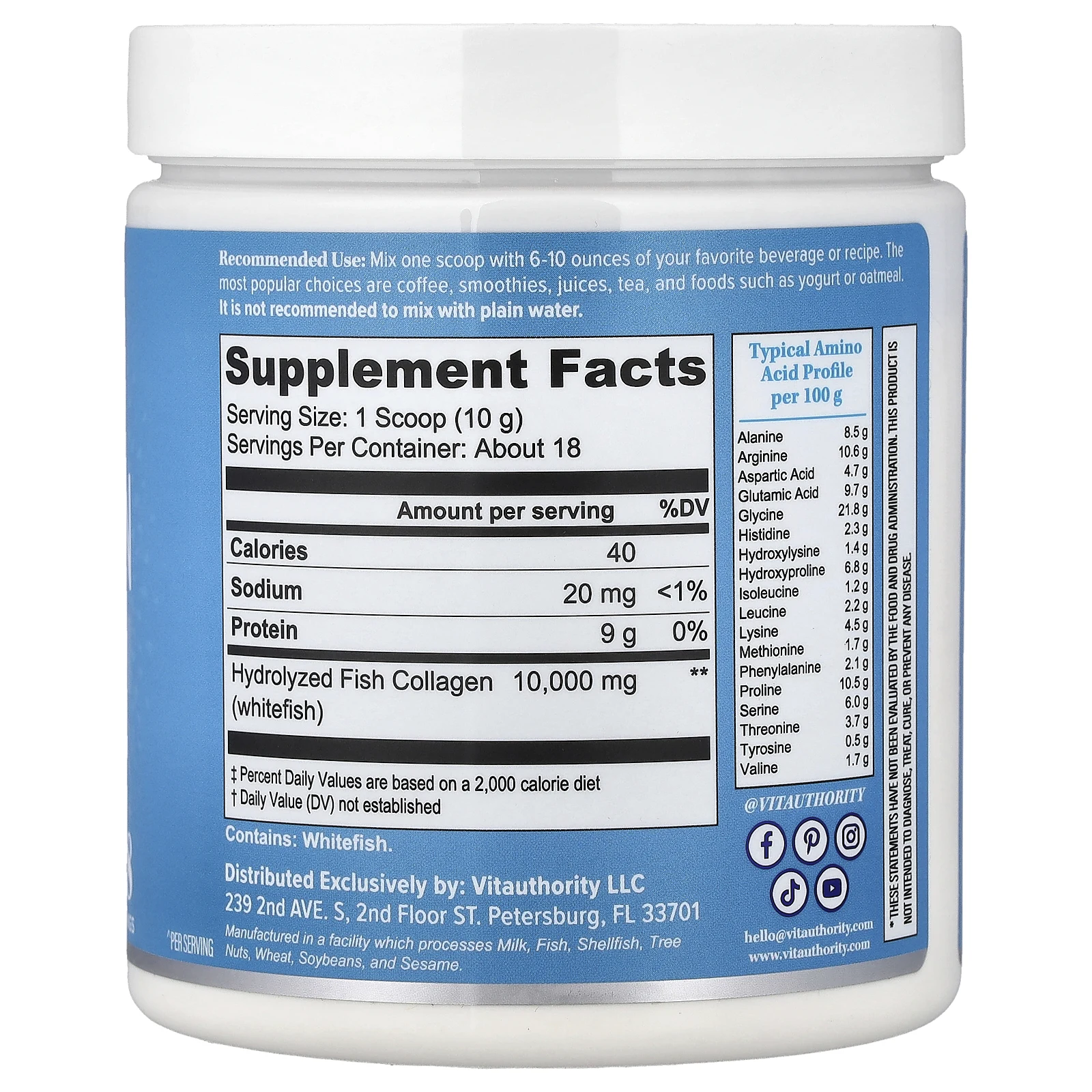 Vitauthority, морской коллаген, без добавок, 180 г (6,35 унции)