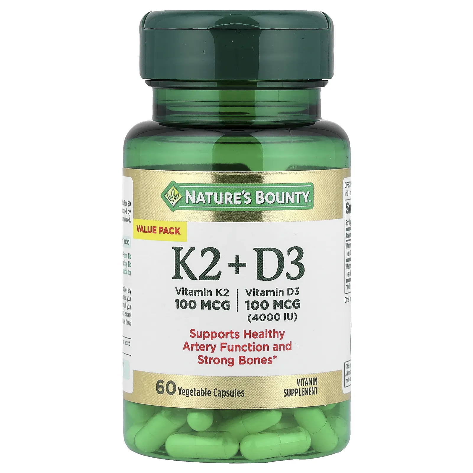 Nature's Bounty, витамины K2 и D3, 60 растительных капсул