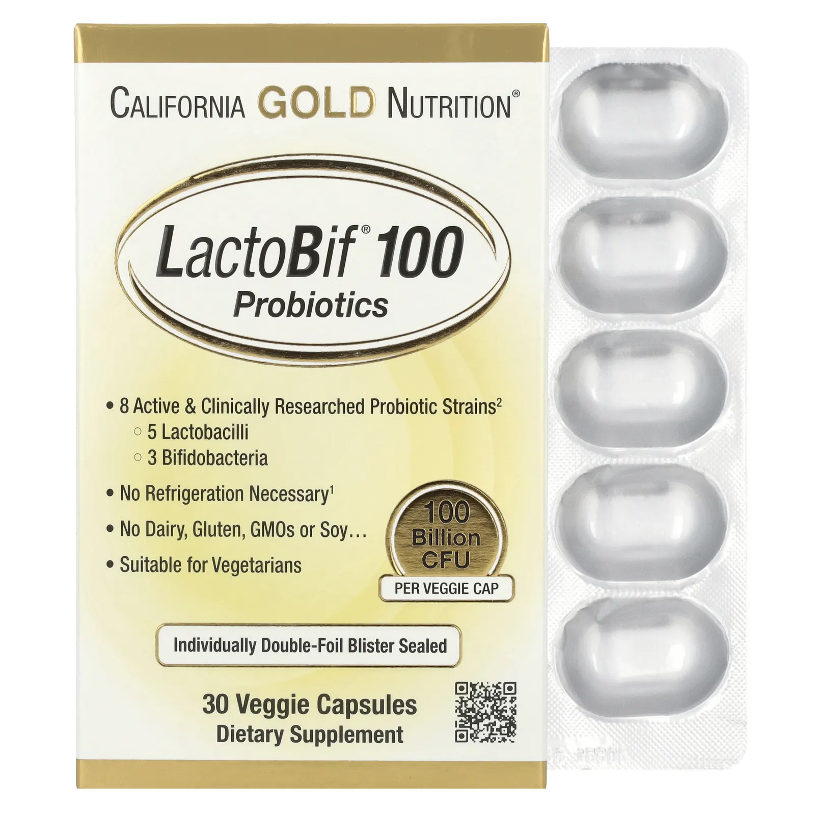California Gold Nutrition, LactoBif 100, пробиотики, 100 млрд КОЕ, 30 вегетарианских капсул