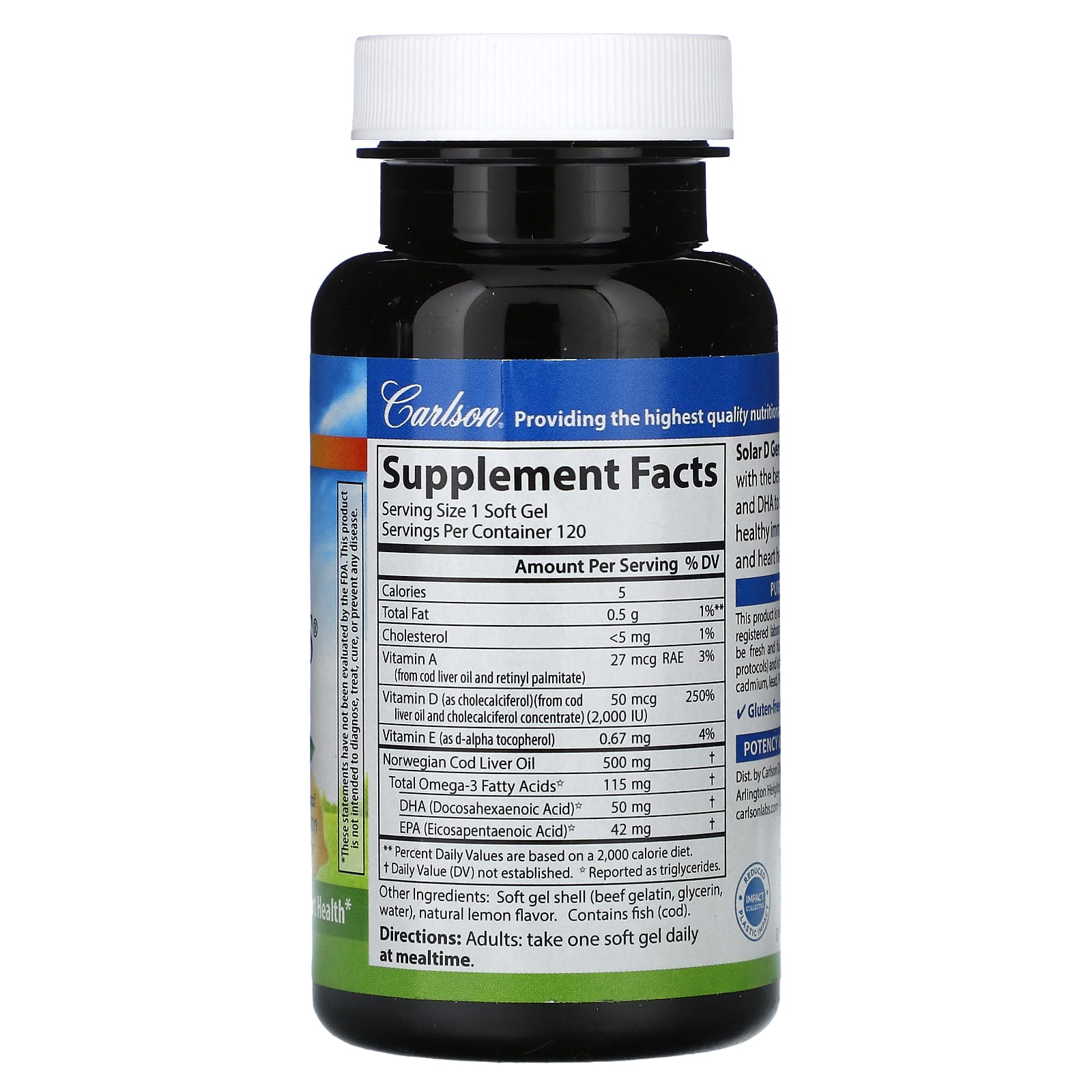 Carlson, Solar D Gems, натуральный лимон, 50 мкг (2000 МЕ), 120 мягких таблеток