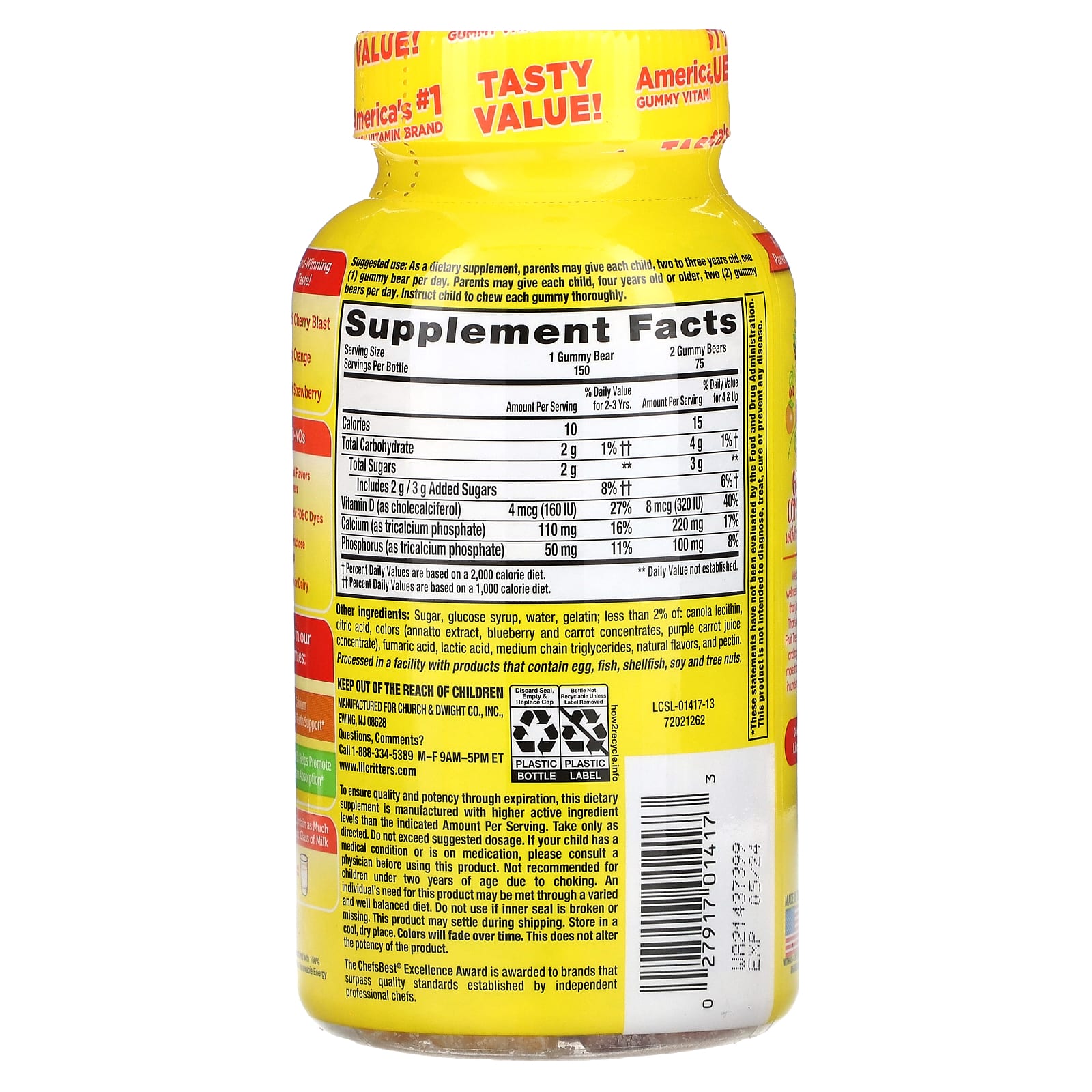 L'il Critters, кальций + D3, поддержка костей, со вкусом черной вишни, апельсина и клубники, 150 мармеладных мишек