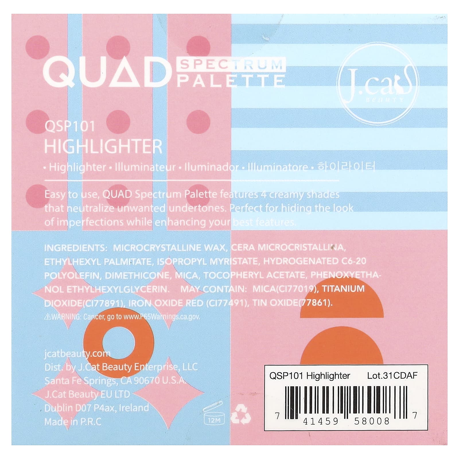 J.Cat Beauty, QUAD Spectrum, хайлайтер для лица, QSP101, 6 г (0,21 унции)