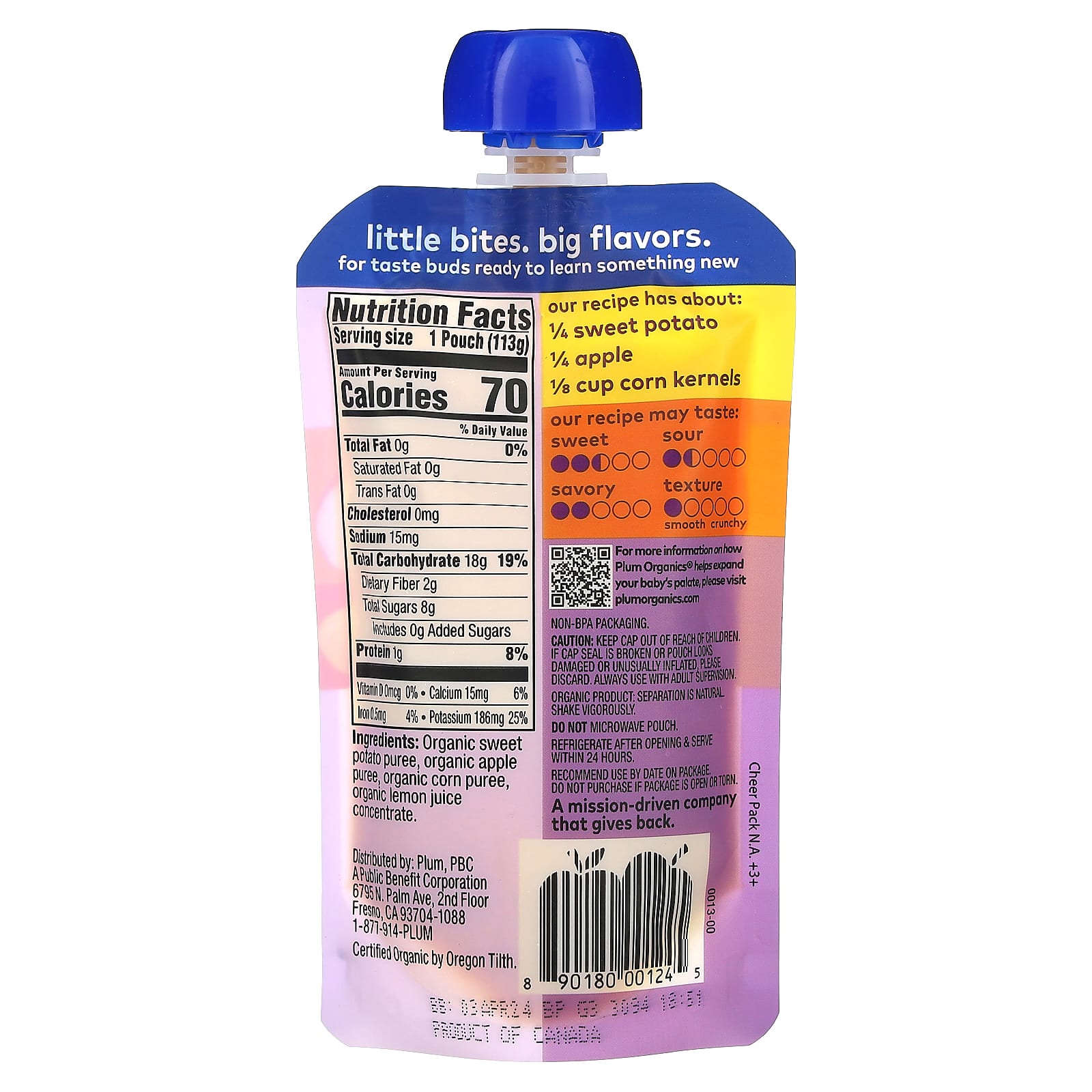 Plum Organics, органическое детское питание, для детей от 6 месяцев, батат, яблоко и кукуруза, 113 г (4 унции)
