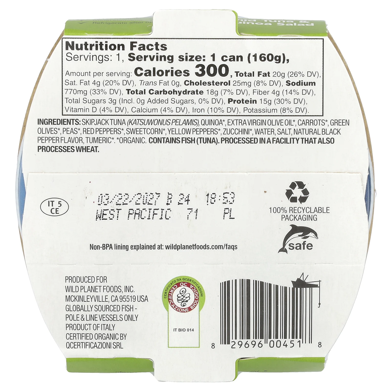 Wild Planet, Салат из дикого тунца и киноа, 160 г (5,6 унции)