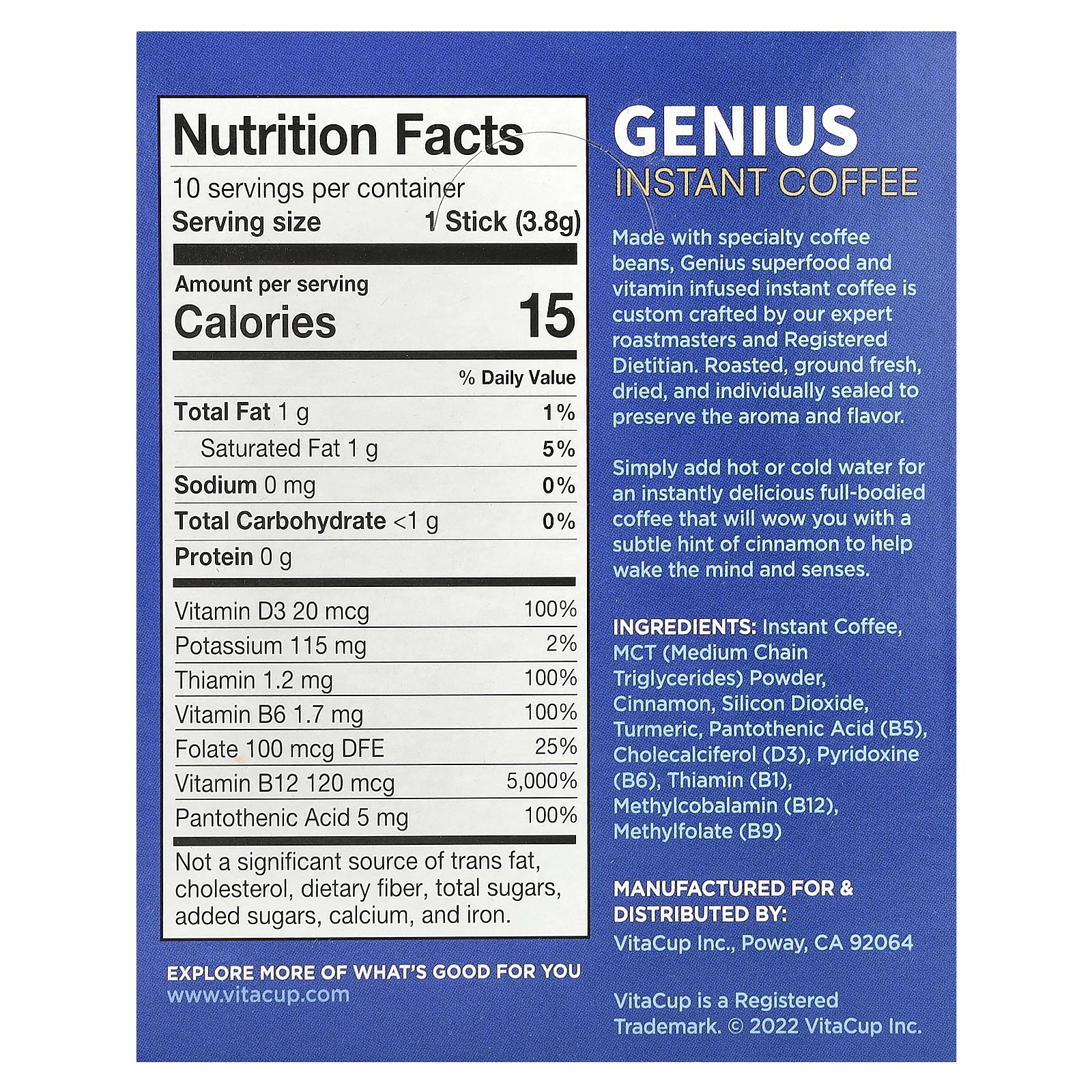 VitaCup, Растворимый кофе Genius, средней темной обжарки, 10 упаковок для еды, по 3,8 г (0,13 унции) каждая