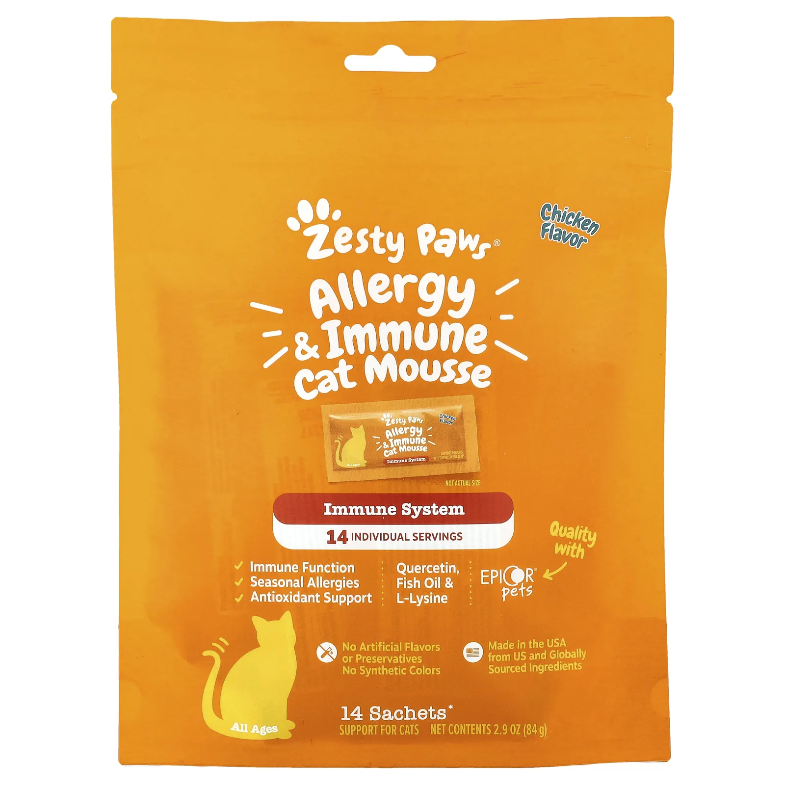 Zesty Paws, Мусс для кошек против аллергии и иммунитета, для кошек, для всех возрастов, с курицей, 14 пакетиков по 6 г (0,2 унции)