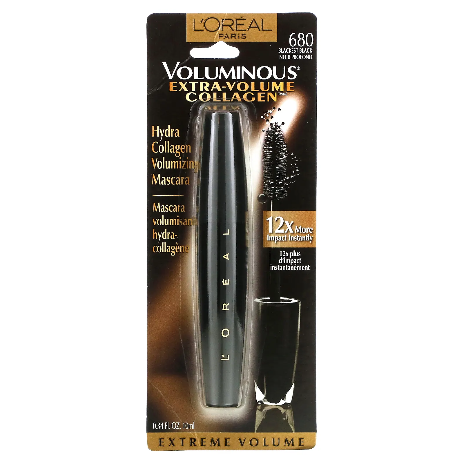 L'Oréal, Voluminous Extra-Volume Collagen, тушь для ресниц с коллагеном для придания объема, оттенок 680 угольно-черный, 10 мл (0,34 жидк. унции)