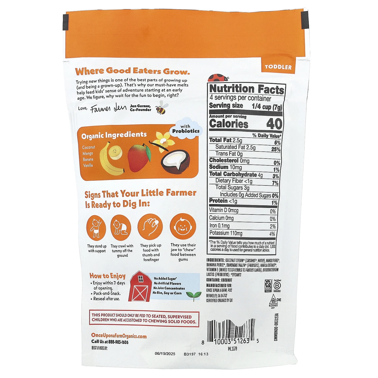 Once Upon A Farm, Organic Coconut Melts, для малышей, со вкусом манго, 28 г (1 унция)