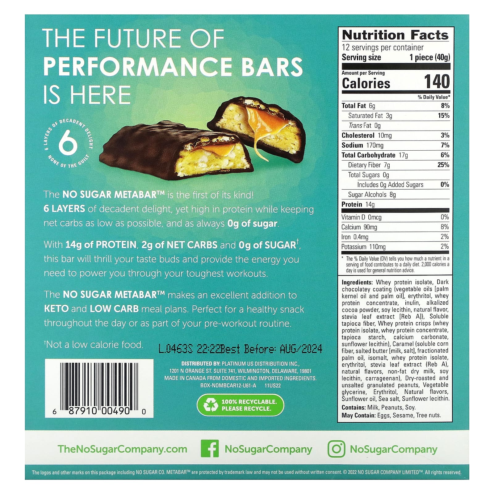 No Sugar Company, MetaBar, шоколад, карамель и арахис, 12 батончиков по 40 г (1,41 унции)