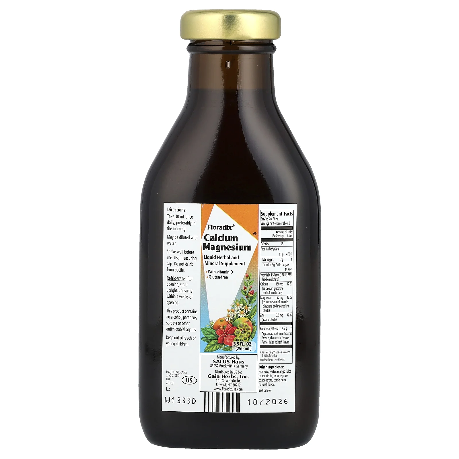 Floradix, кальций и магний с витамином D и цинком, 250 мл (8,5 жидк. Унции)