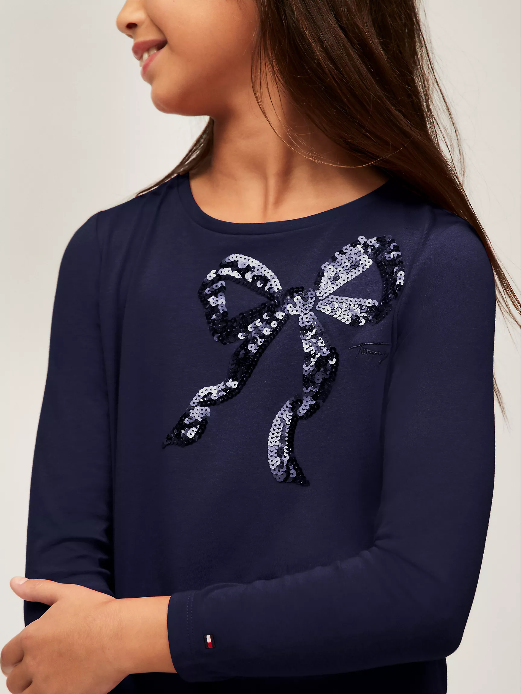 Футболка для девочек Tommy Hilfiger, Детская футболка с длинным рукавом и пайетками в виде банта