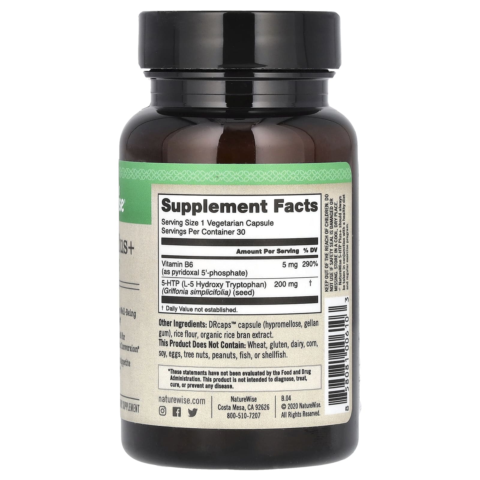 NatureWise, 5-гидрокситриптофан Плюс+, 200 мг, 30 вегетарианских капсул