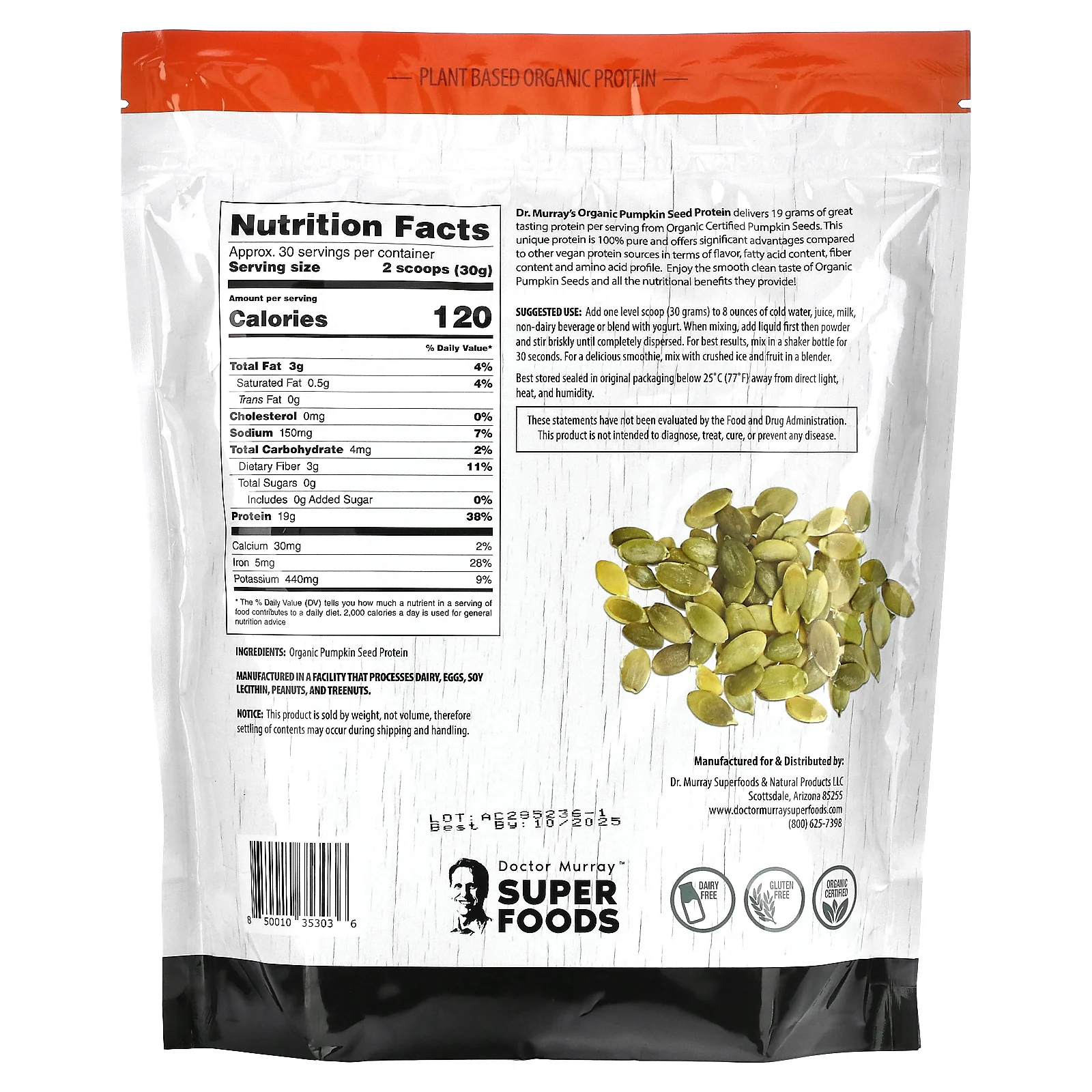 Dr. Murray's, Superfoods, протеиновый порошок из органических тыквенных семечек, 908 г (2 фунта)