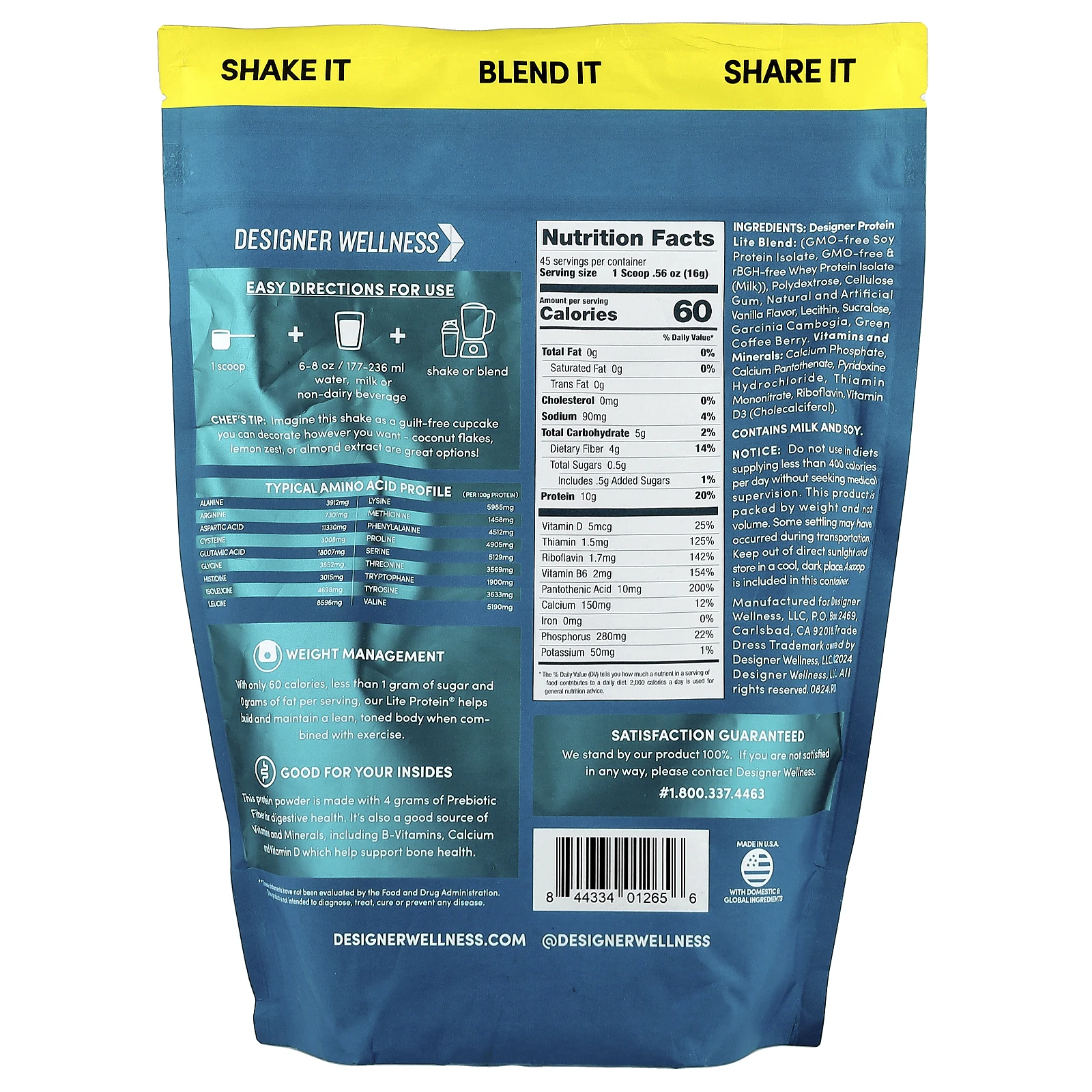 Designer Wellness, Designer Lite®, порошок из растительного и сывороточного протеина, со вкусом ванильного кекса, 720 г (1,6 фунта)