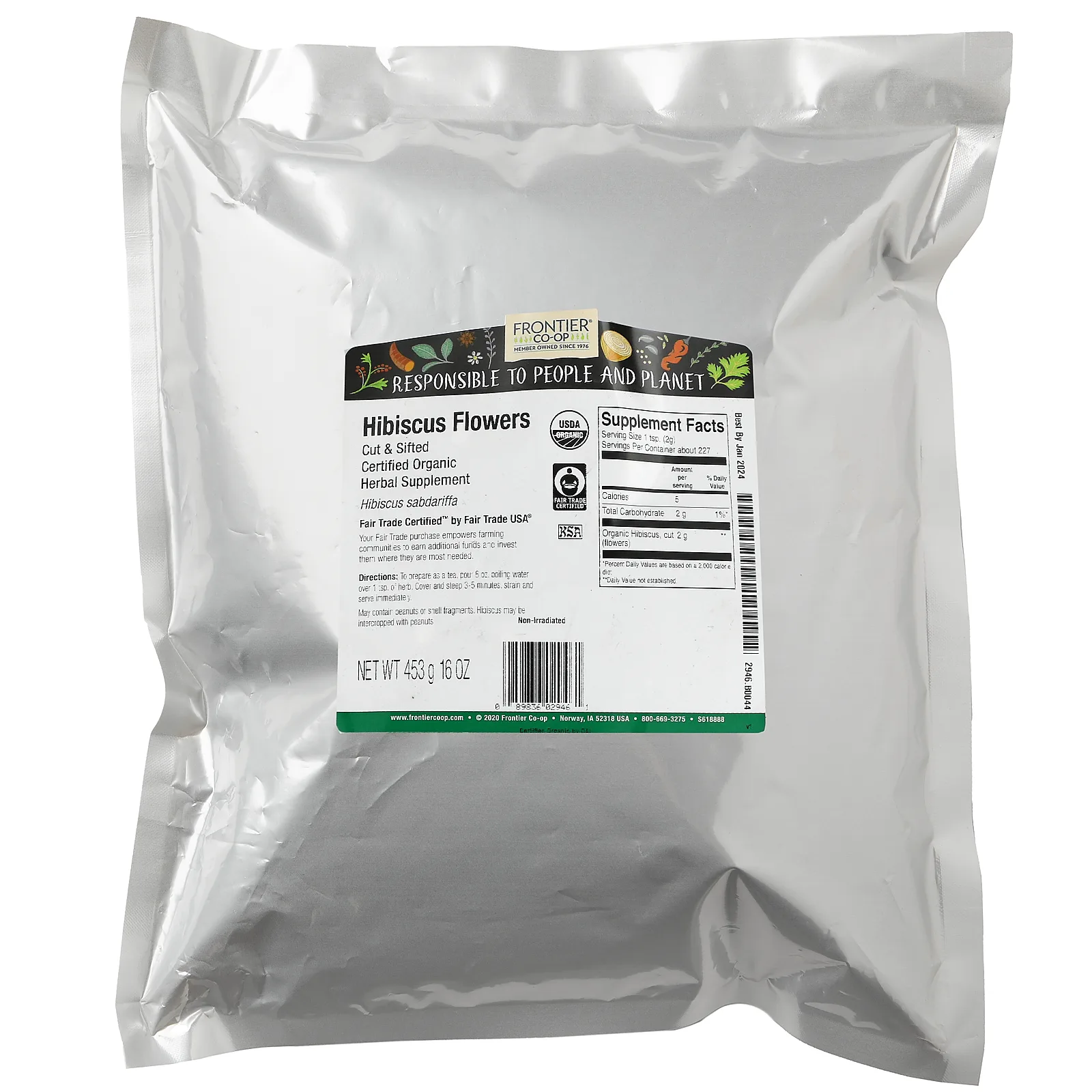 Frontier Co-op, органические срезанные и просеянные цветки гибискуса, 453 г (16 унций)