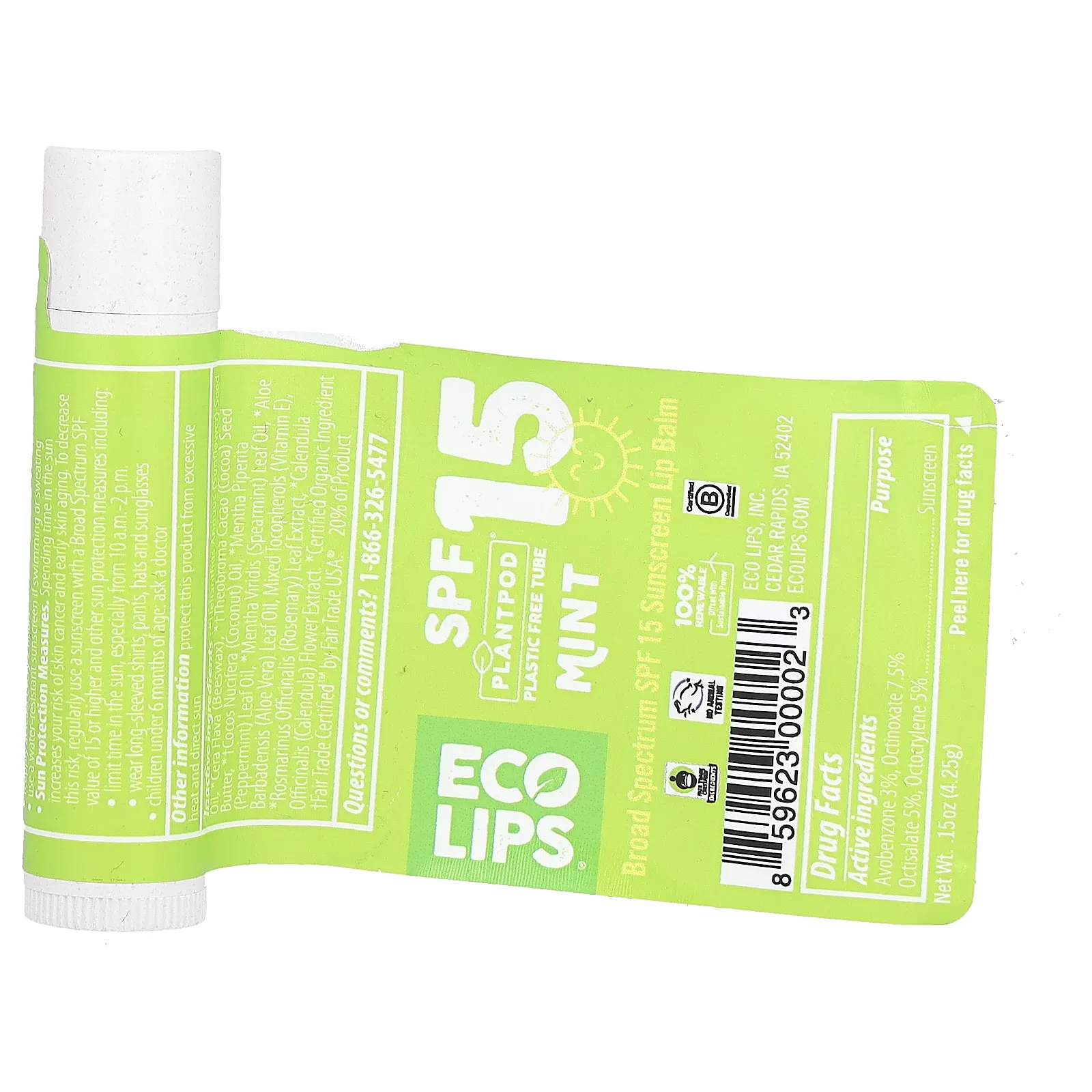 Eco Lips, солнцезащитный бальзам для губ, SPF 15, мята, 4,25 г (0,15 унции)
