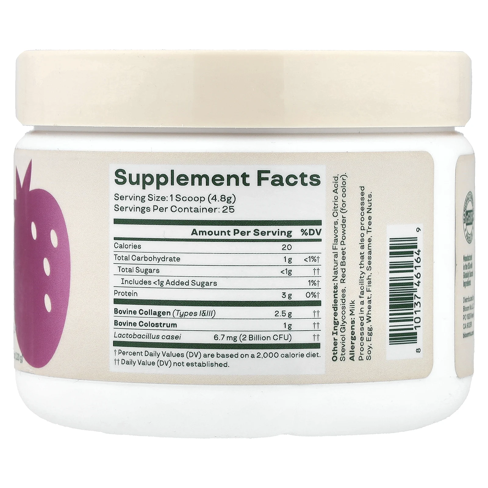 Bloom, пептиды молозива и коллагена, клубника со сливками, 120 г (4,23 унции)