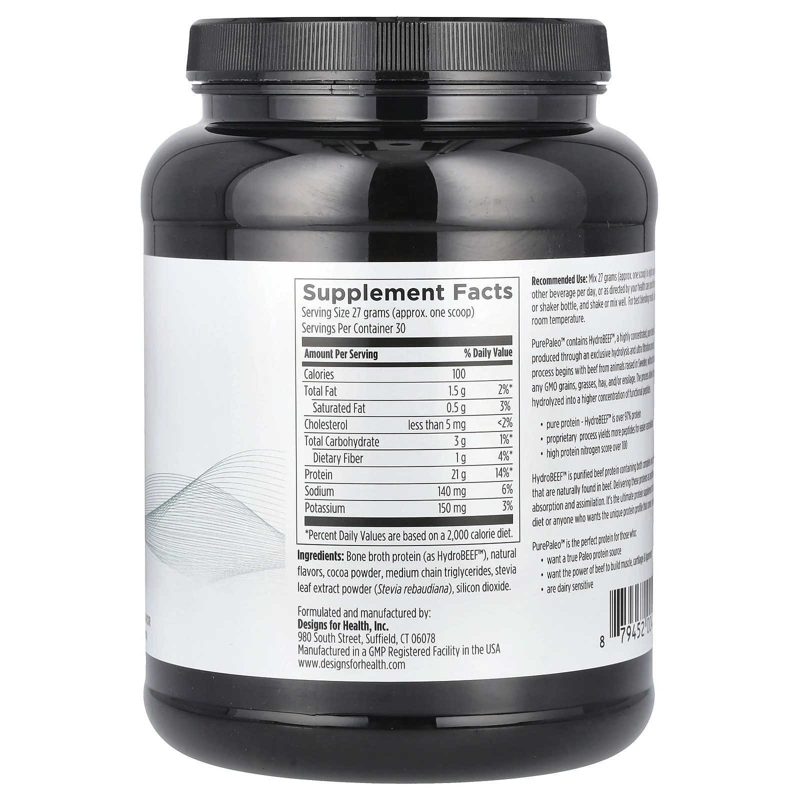 Designs For Health, PurePaleo™, Bone Broth Protein, Chocolate, 1.8 lbs (810 g)