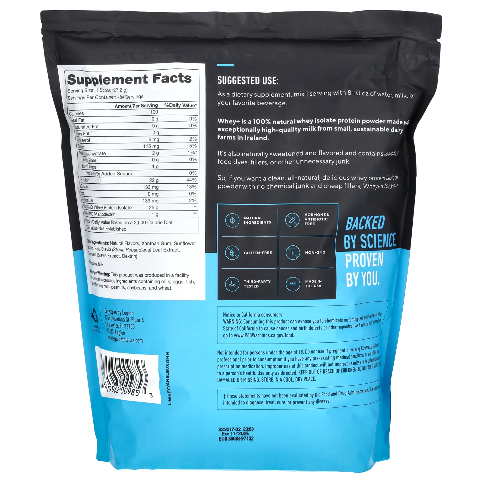 Legion Athletics, Whey +, порошок из сывороточного протеина, французская ваниль, 2267,96 г (5 фунтов)