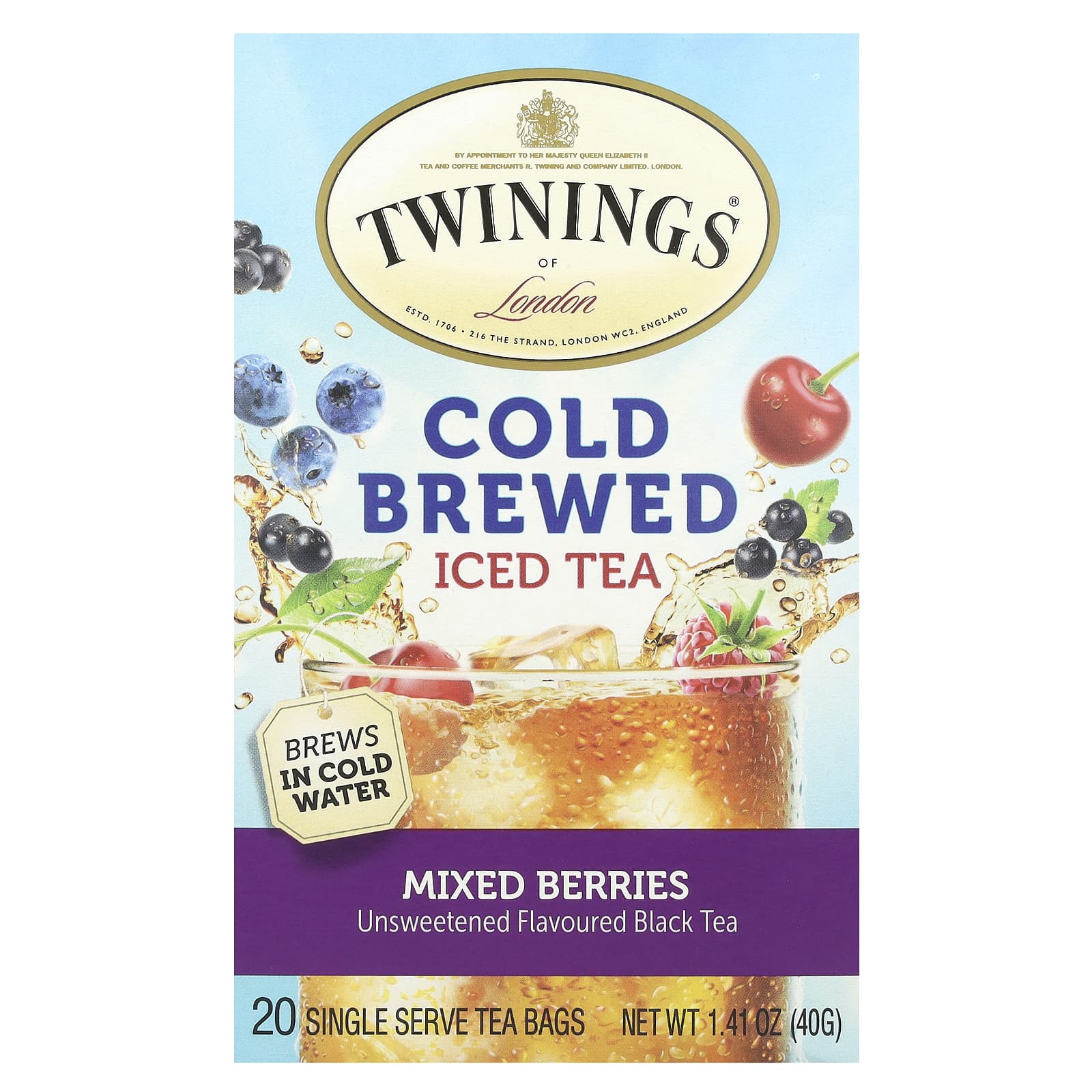 Twinings, холодный чай со льдом, несладкий черный чай, со вкусом ягод, 20 чайных пакетиков на одну порцию, 40 г (1,41 унции)