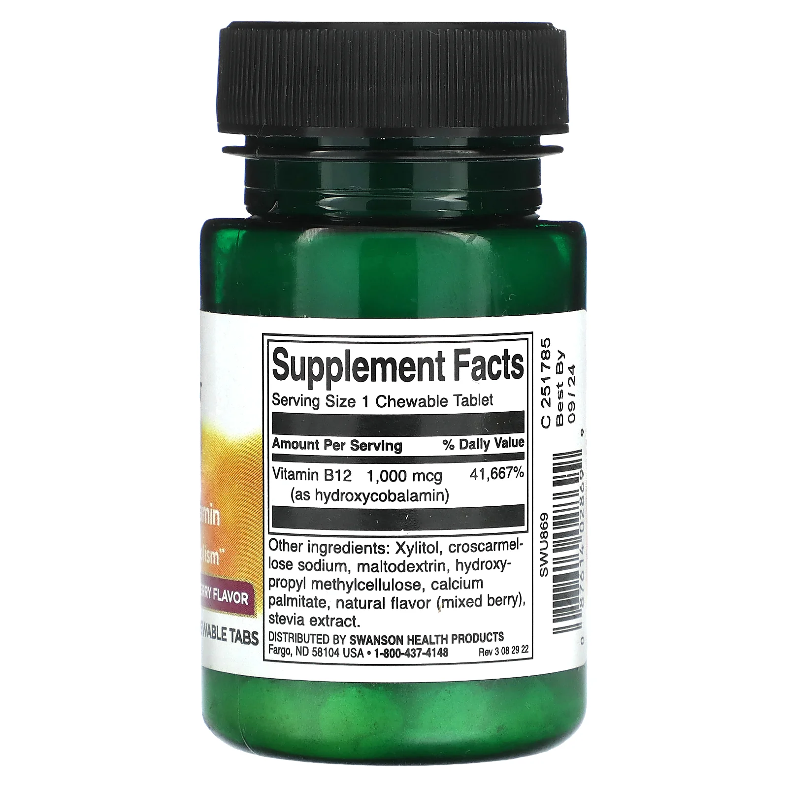 Swanson, B12 гидроксикобаламин, ягодное ассорти, 1000 мкг, 60 жевательных таблеток