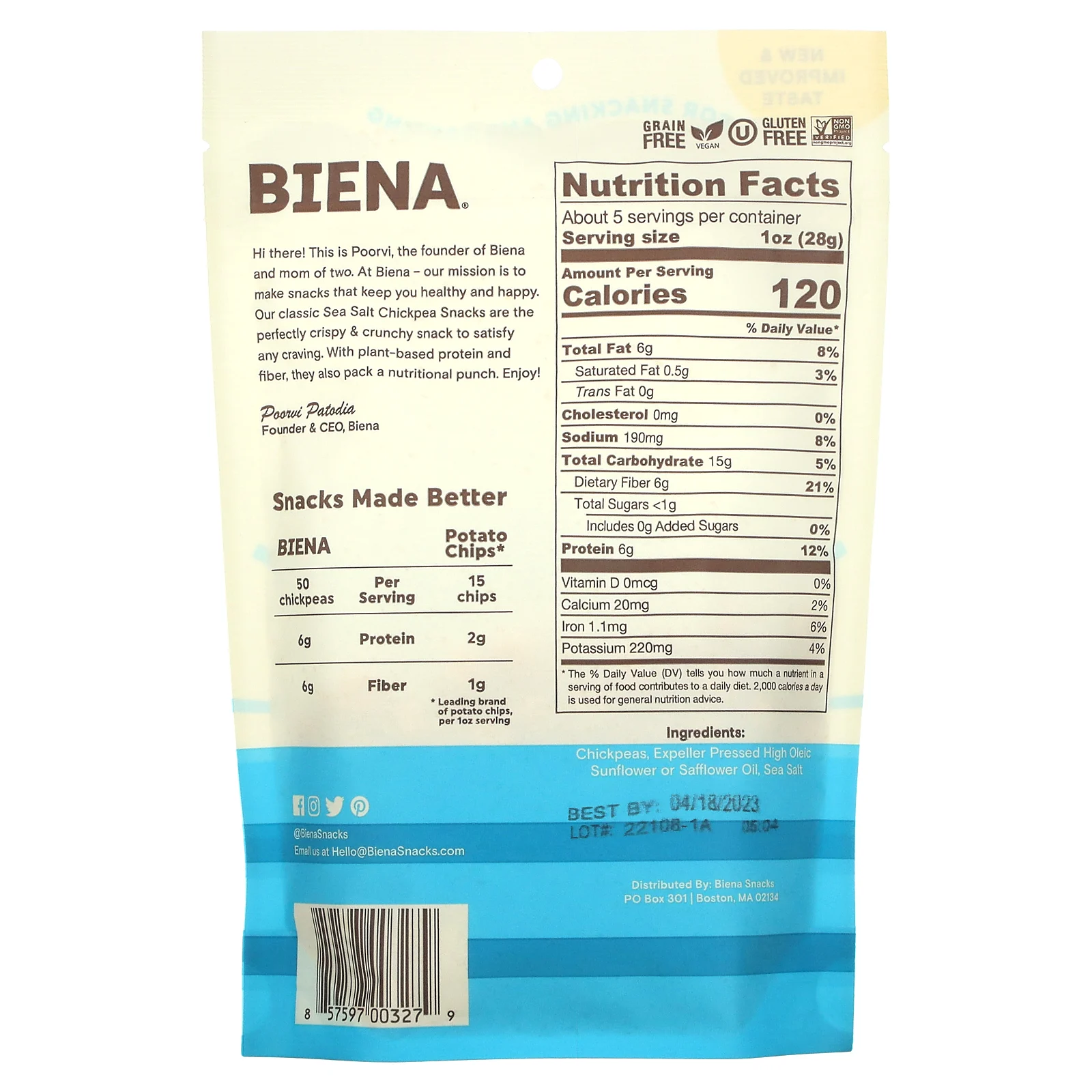 BIENA, Snacks, морская соль, 142 г (5 унций)