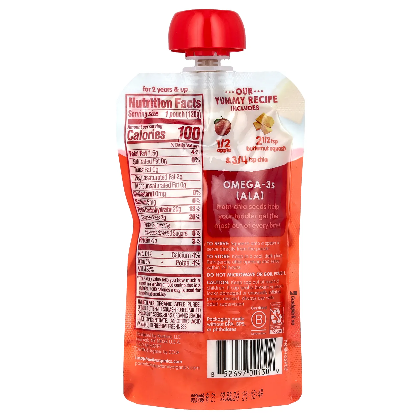 Happy Family Organics, Happy Tot, суперфуды, этап 4, органические яблоки, мускатная тыква и супер чиа, 120 г (4,22 унции)