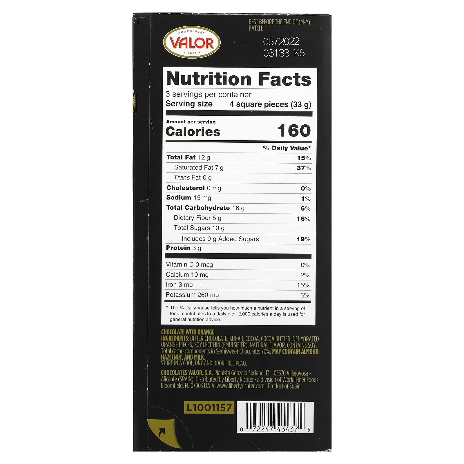 Valor, темный шоколад с апельсином, 70% какао, 100 г (3,5 унции)