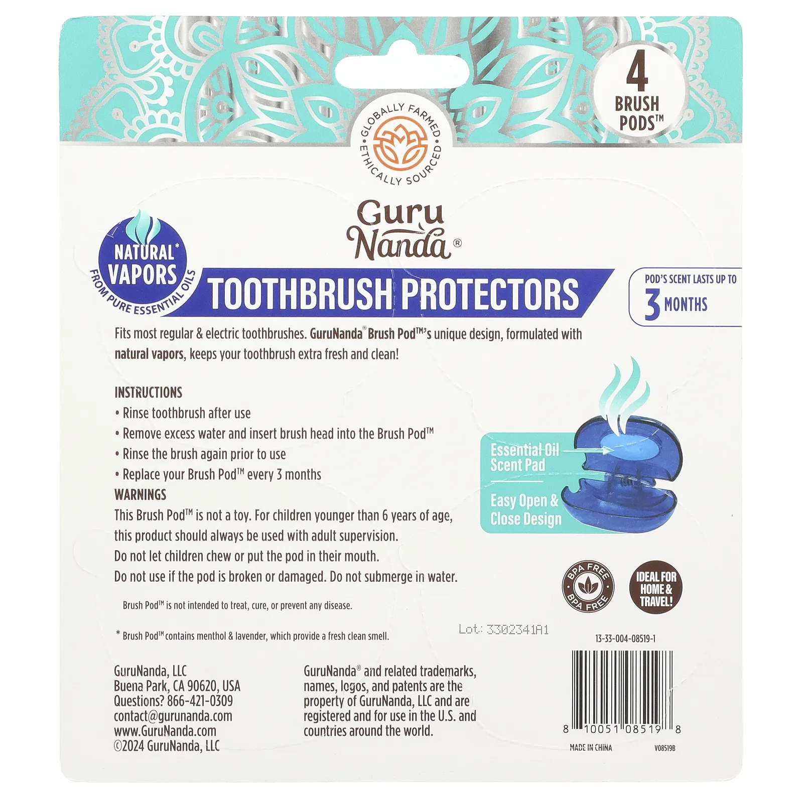 GuruNanda, Toothbrush Protectors, 4 Brush Pods