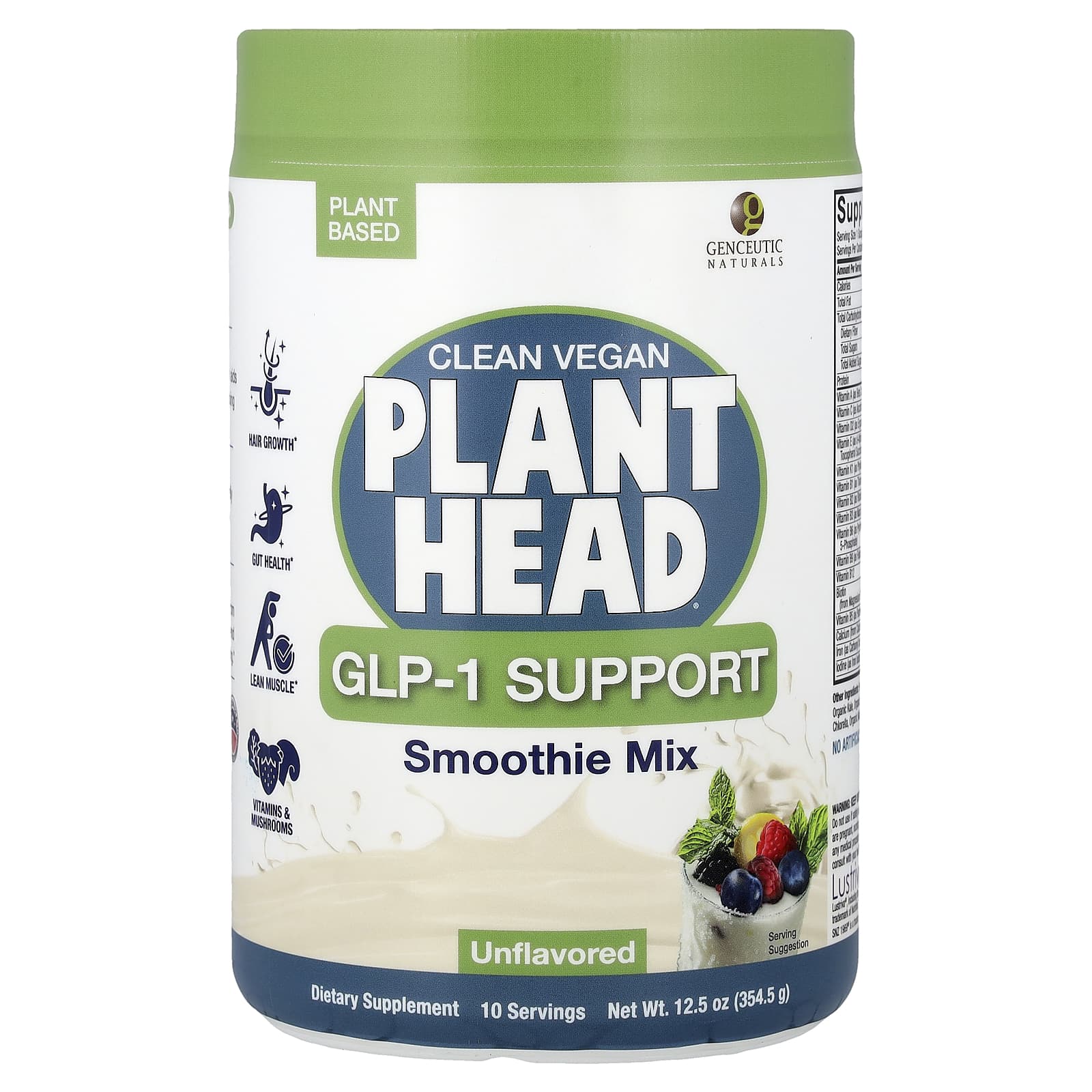 Genceutic Naturals, Clean Vegan Plant Head®, GLP-1 Support, смесь для смузи, без добавок, 354,5 г (12,5 унции)