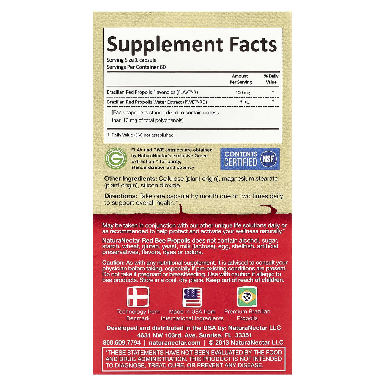 NaturaNectar, Красный пчелиный прополис, 60 вегетарианских капсул